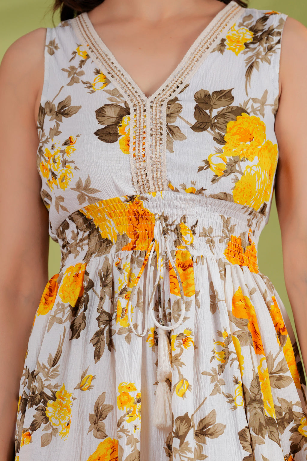 RAYSHA Ivory & Mustard Floral Tiered Midi Dress