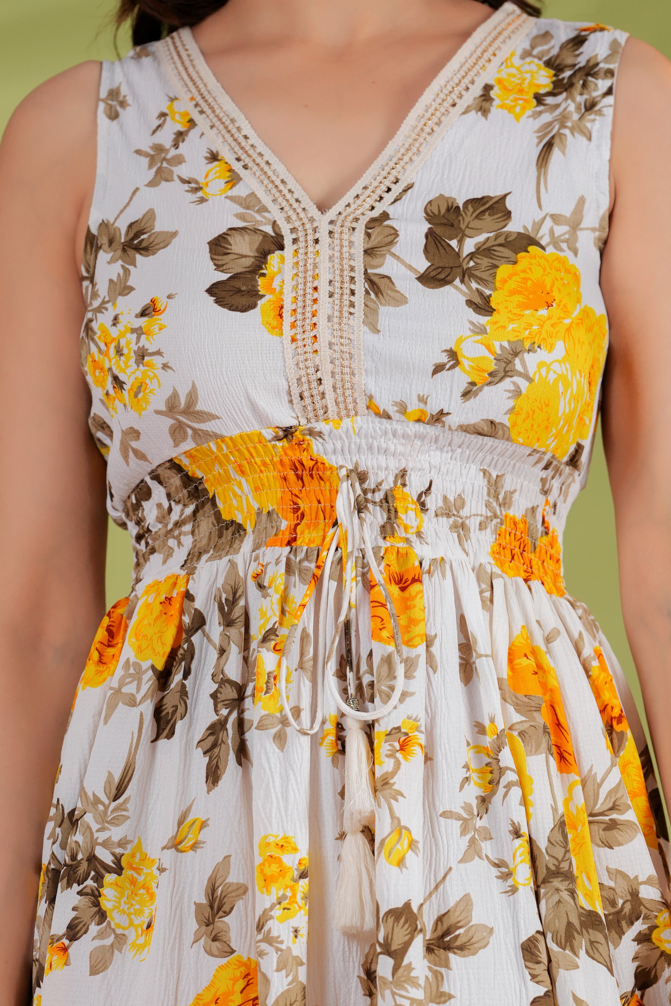 RAYSHA Ivory & Mustard Floral Tiered Midi Dress