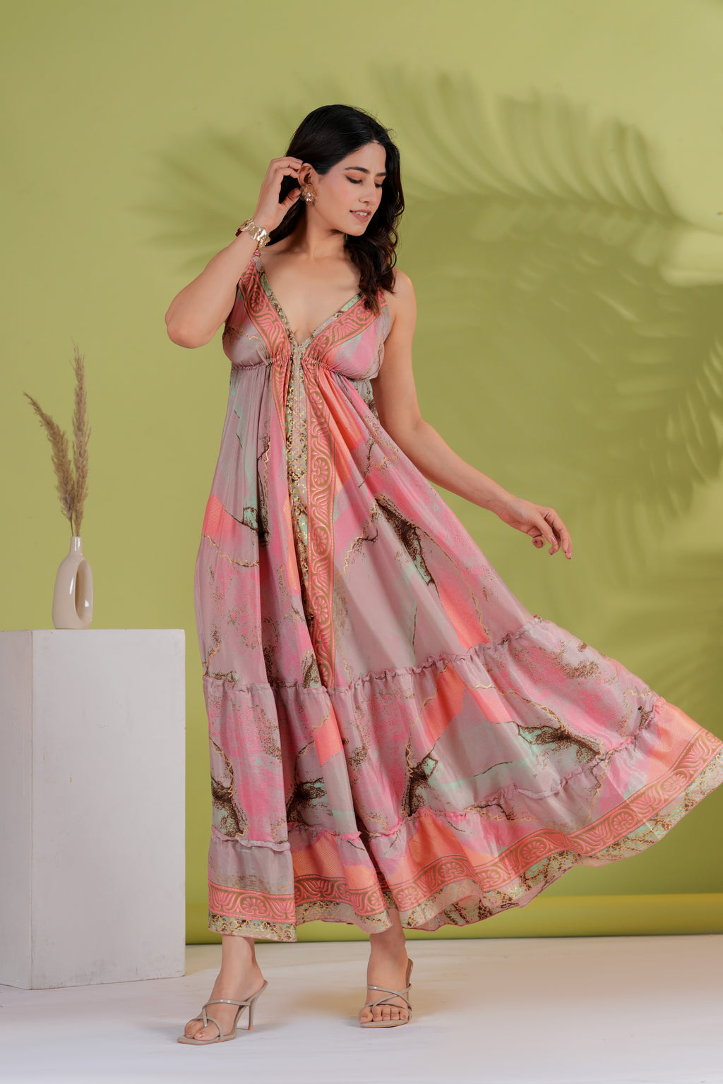 RAYSHA Blush Pink Printed Tiered Maxi Dress