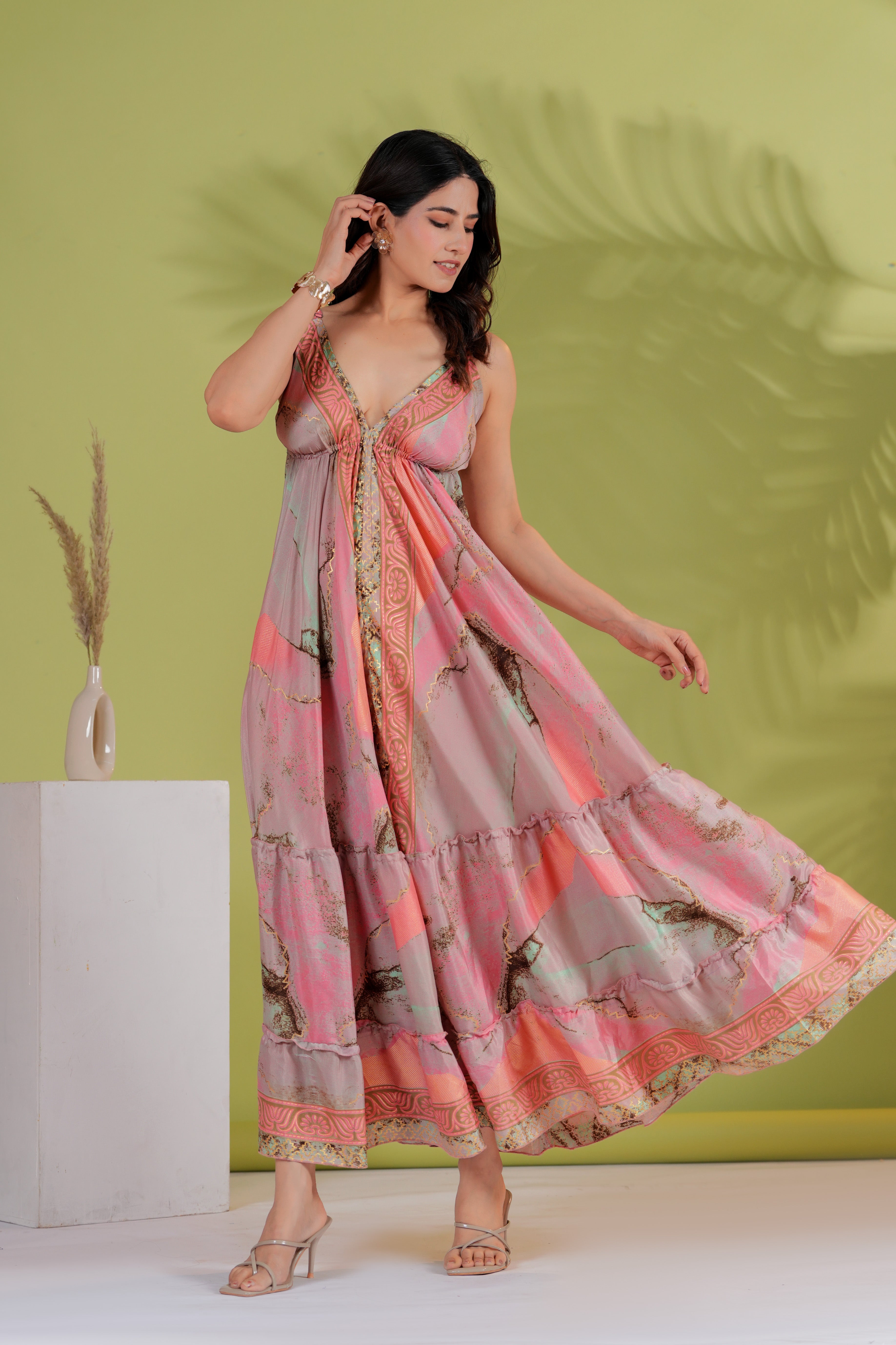 RAYSHA Blush Pink Printed Tiered Maxi Dress