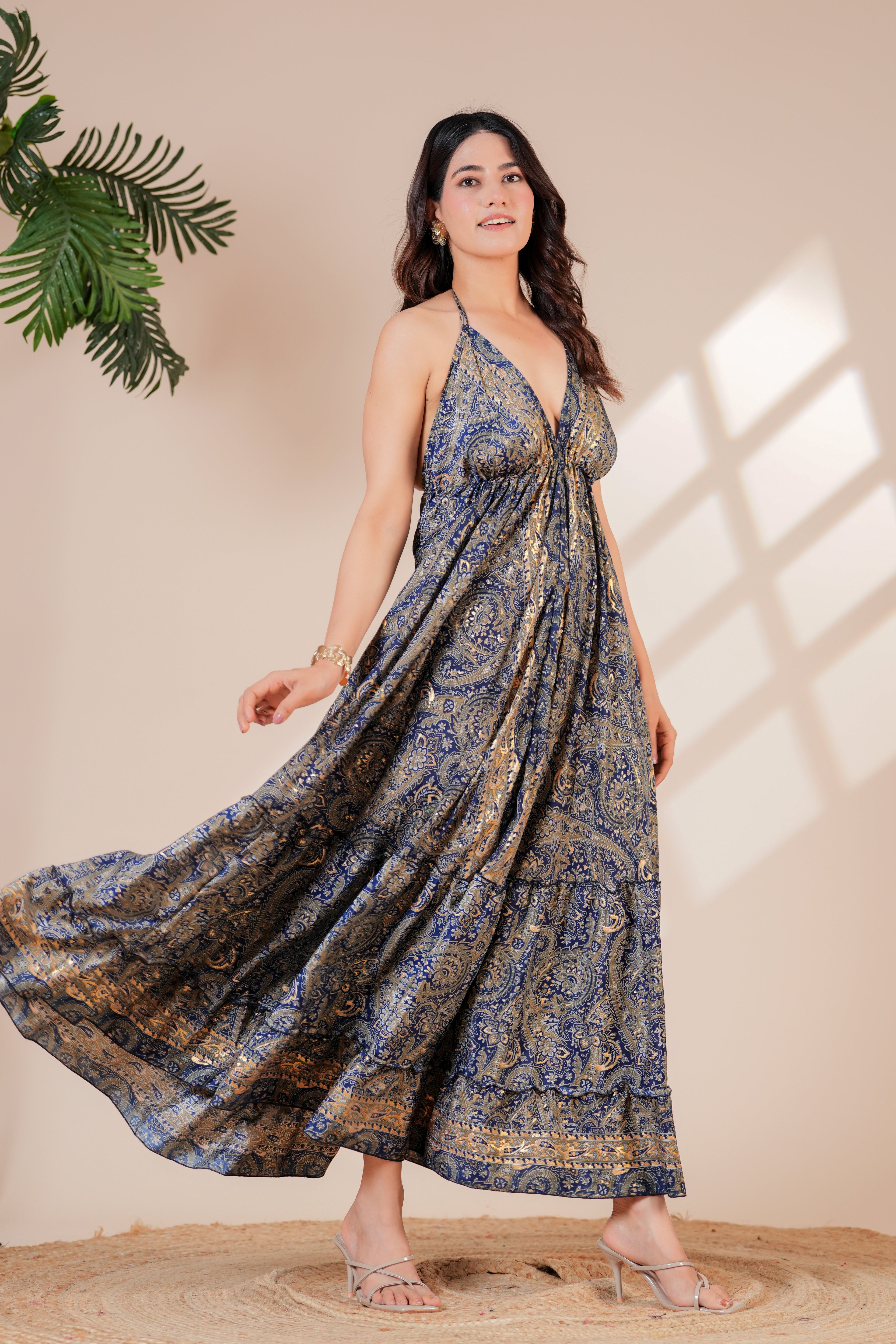 paisley halter dress Navy Printed Maxi dinner with friends Raysha Midnight Paisley Halter Maxi