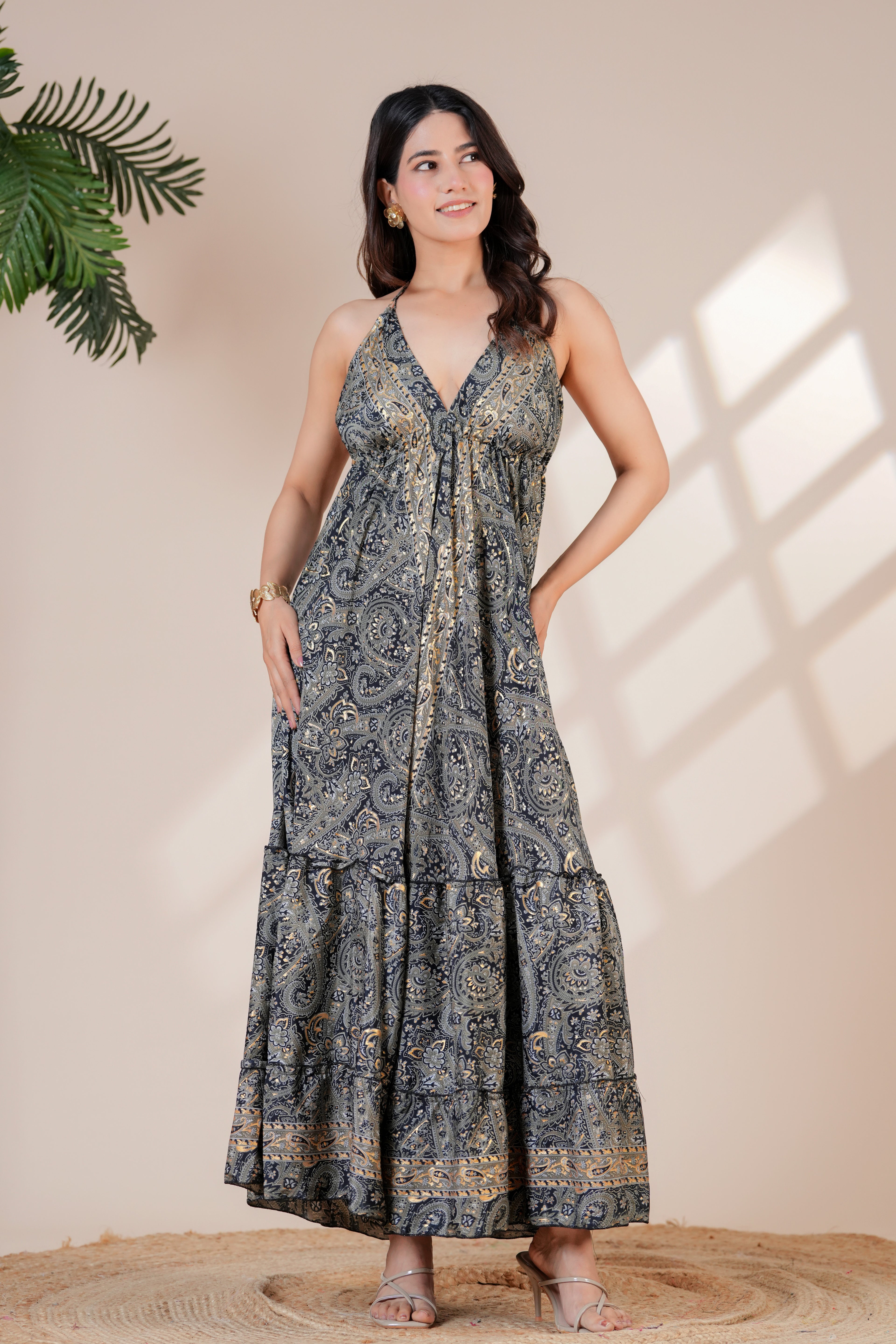 Raysha Ink Blue Paisley Halter Maxi Dress