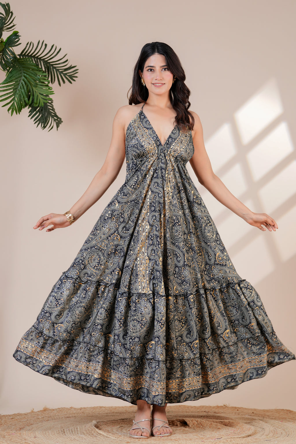 Raysha Ink Blue Paisley Halter Maxi Dress