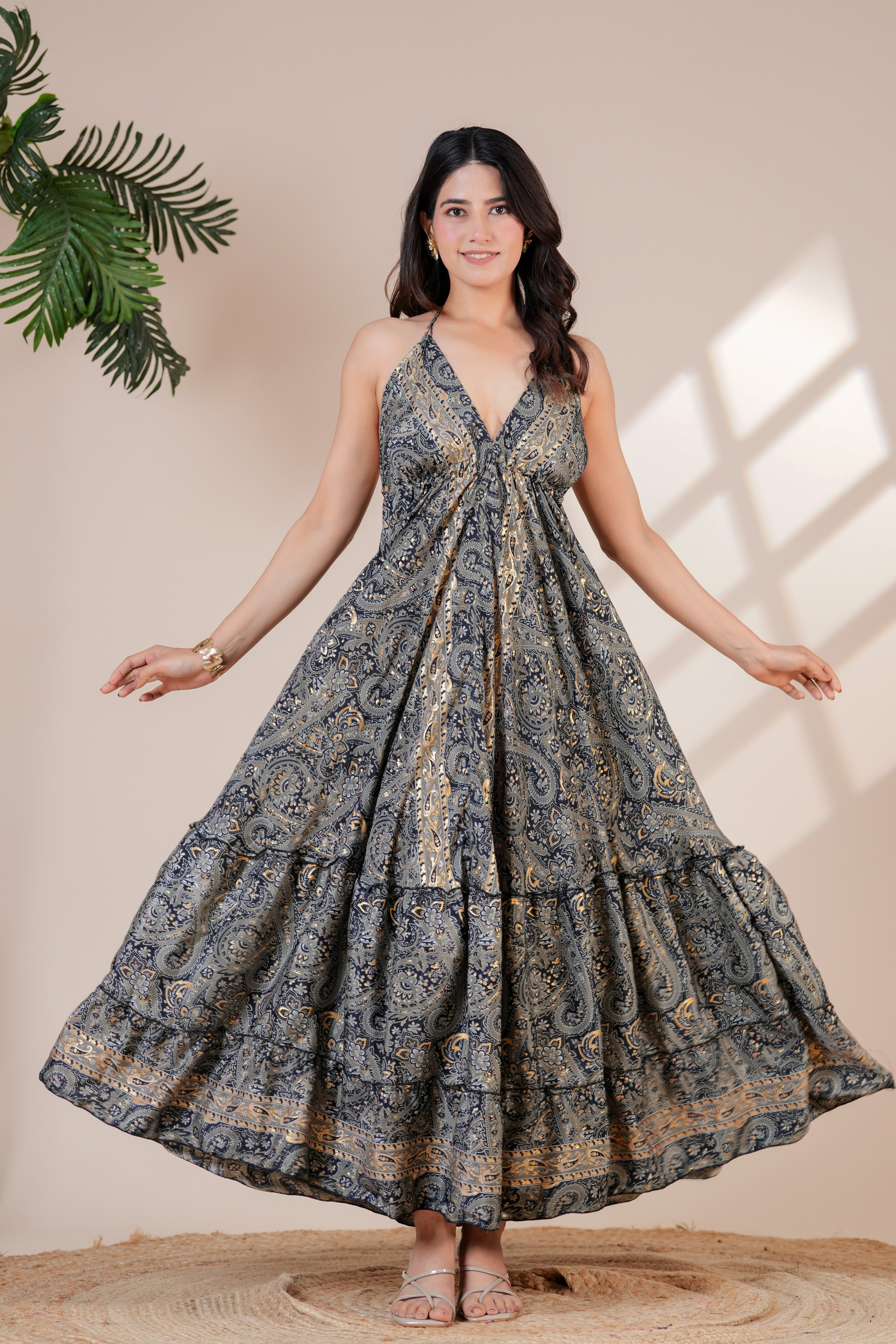 Raysha Ink Blue Paisley Halter Maxi Dress