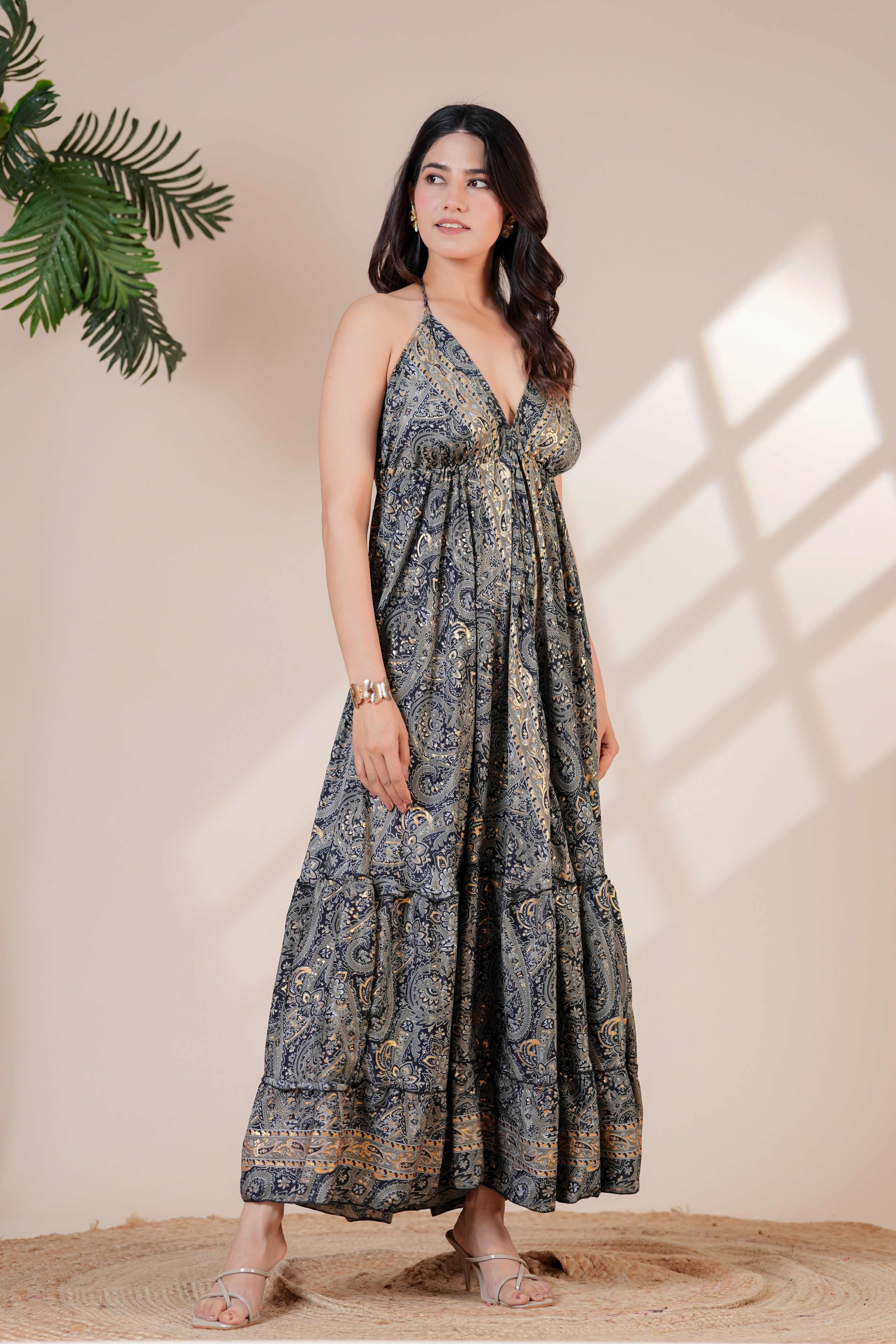 Raysha Ink Blue Paisley Halter Maxi Dress