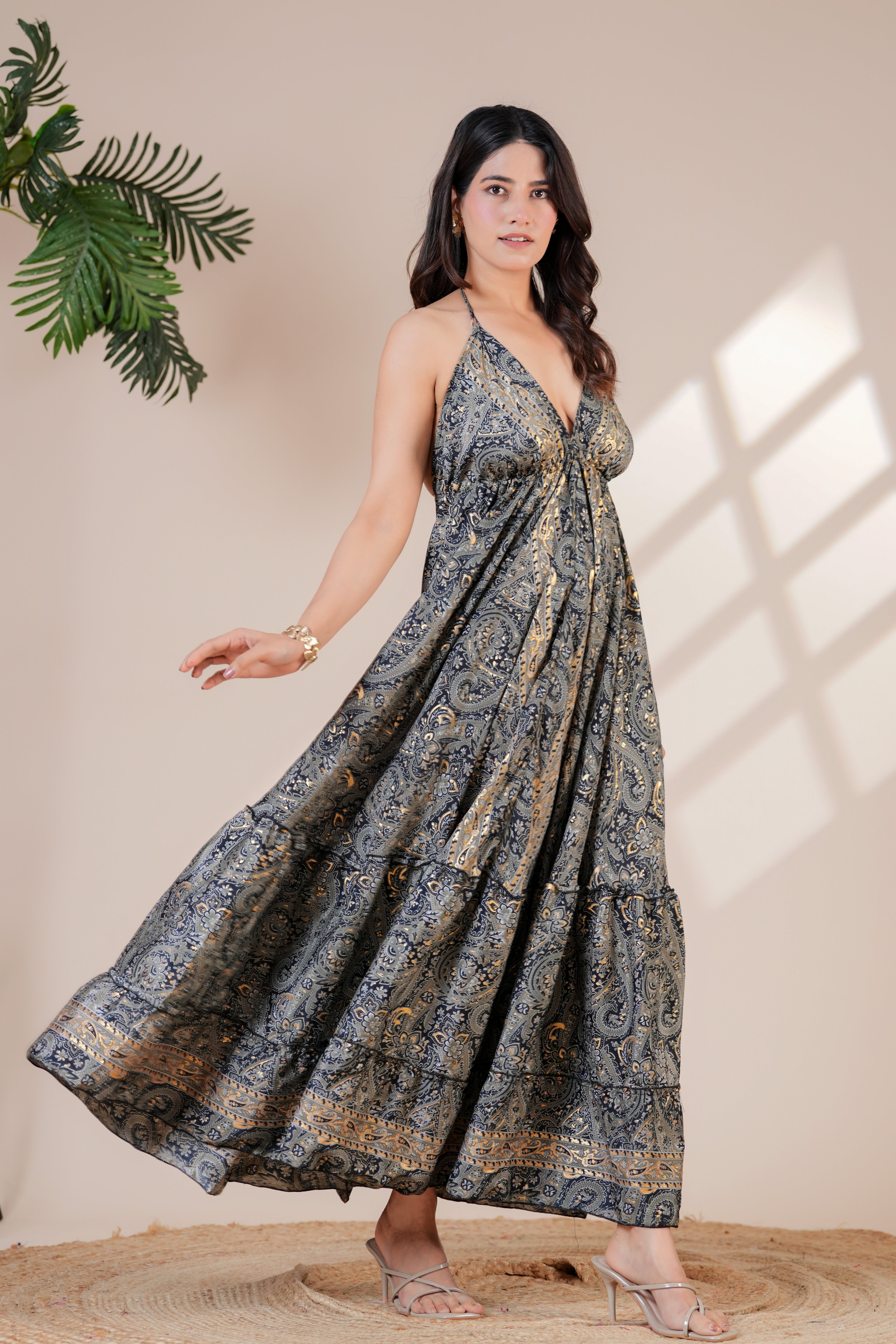 Raysha Ink Blue Paisley Halter Maxi Dress
