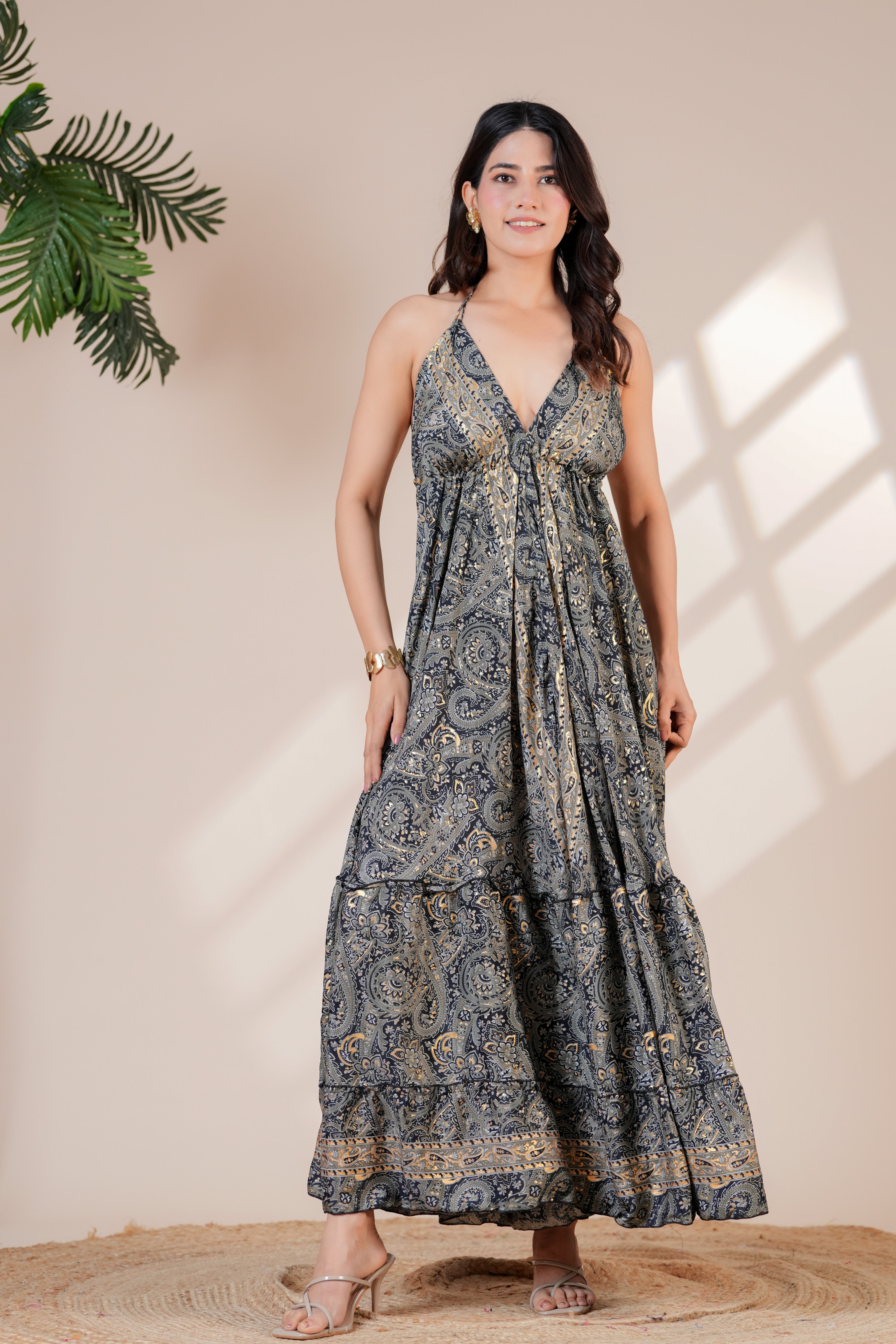Raysha Ink Blue Paisley Halter Maxi Dress