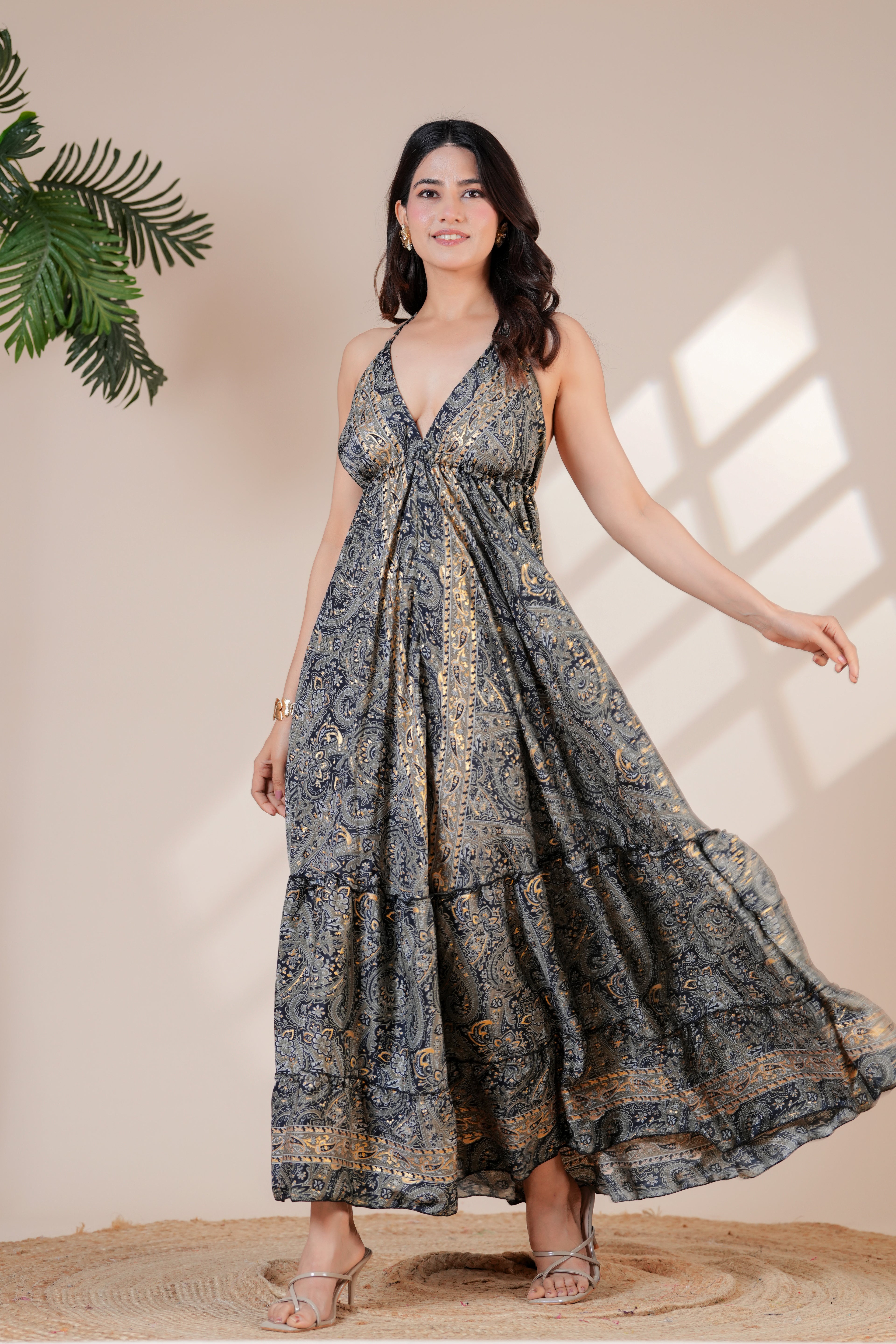 Raysha Ink Blue Paisley Halter Maxi Dress