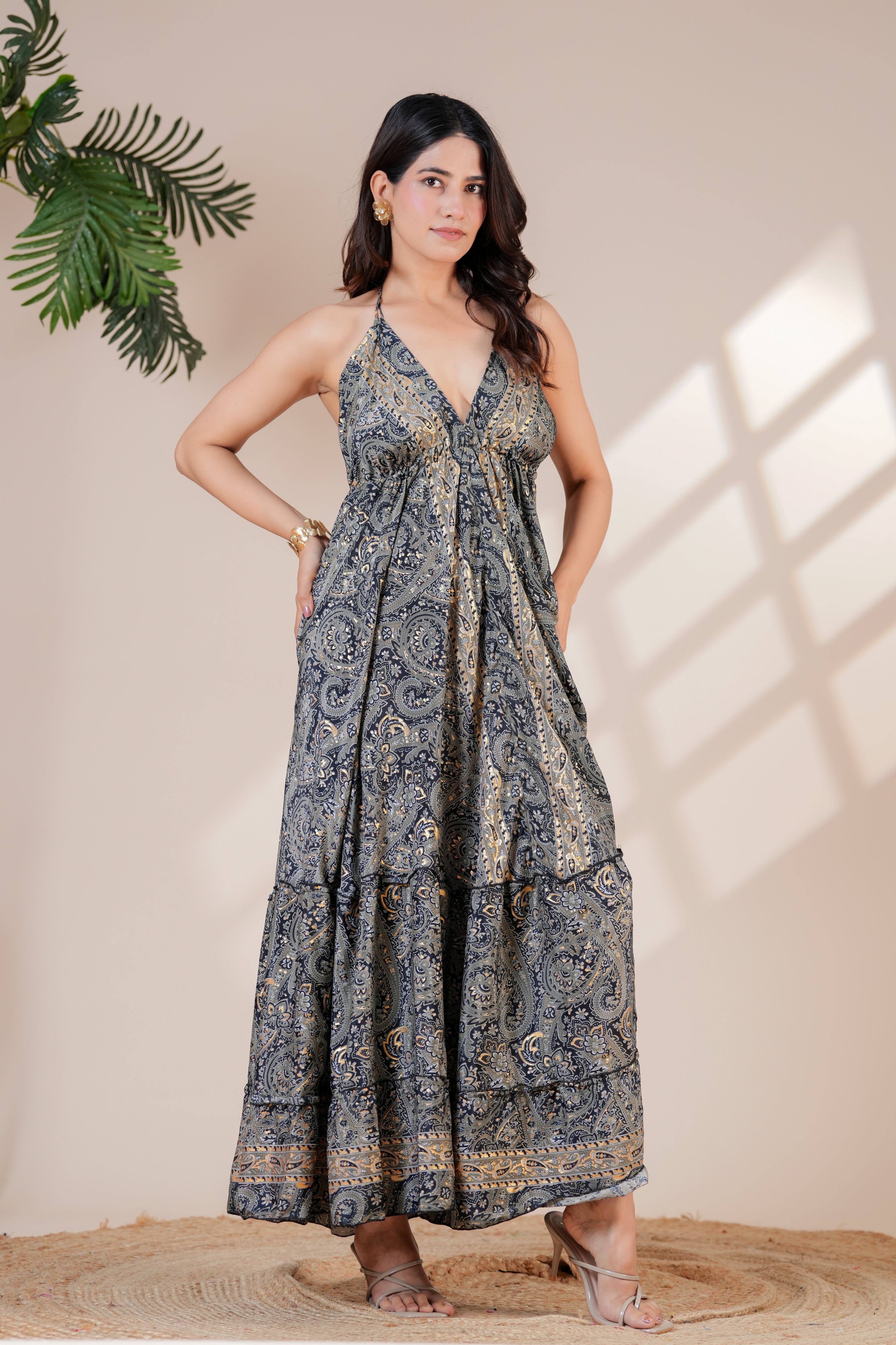 Raysha Ink Blue Paisley Halter Maxi Dress