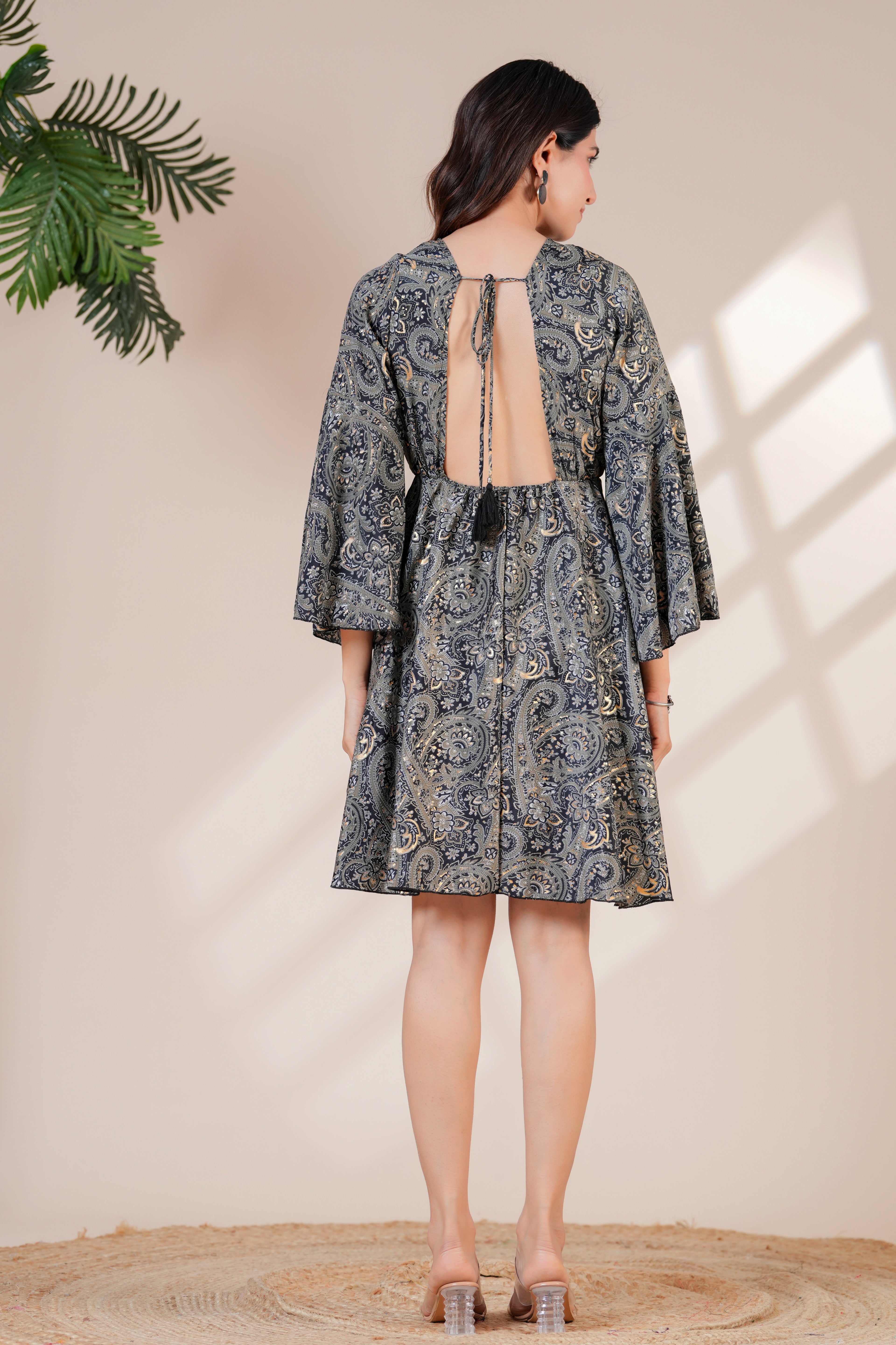 RAYSHA Charcoal Grey Paisley Printed Flared Short Dress