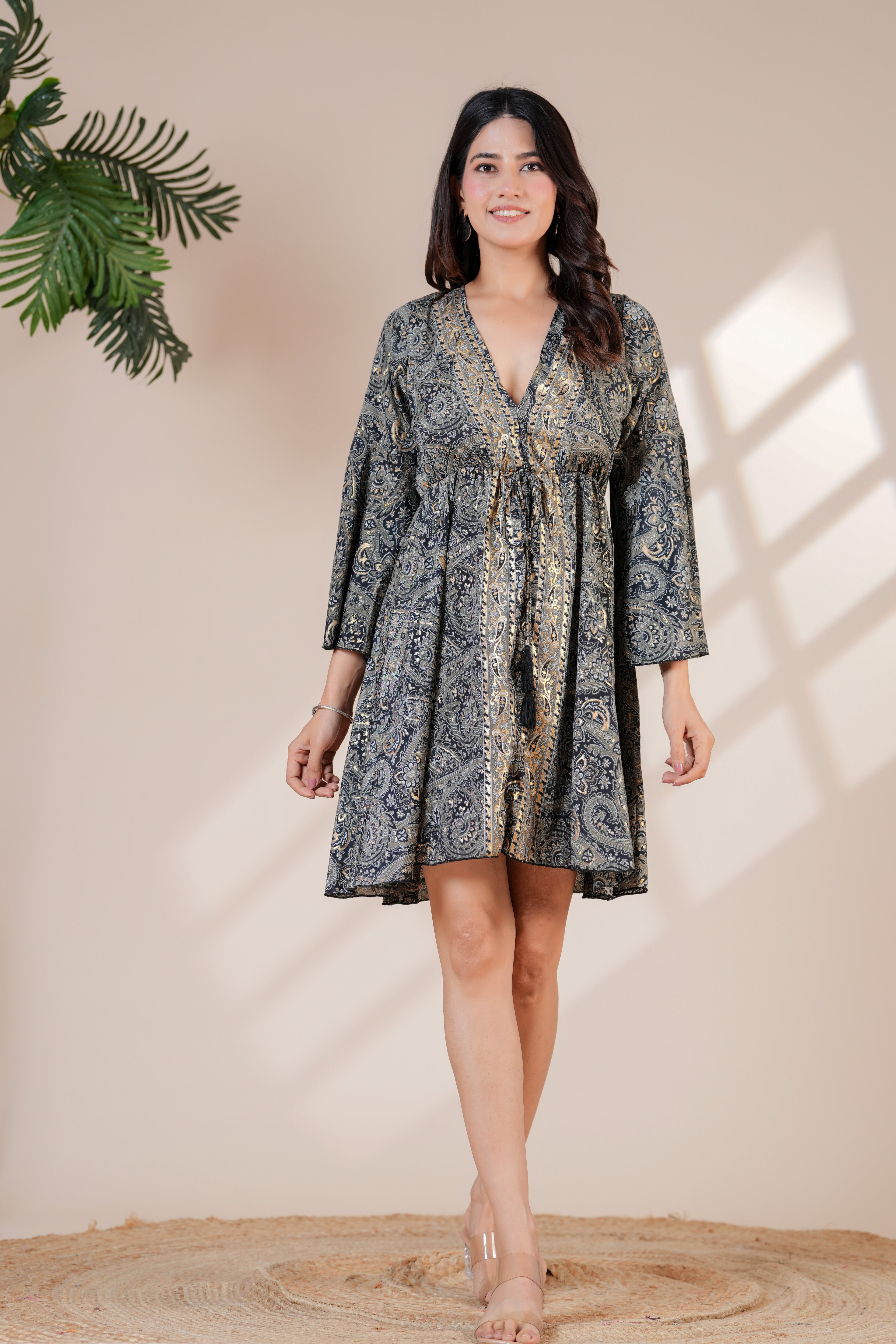 RAYSHA Charcoal Grey Paisley Printed Flared Short Dress