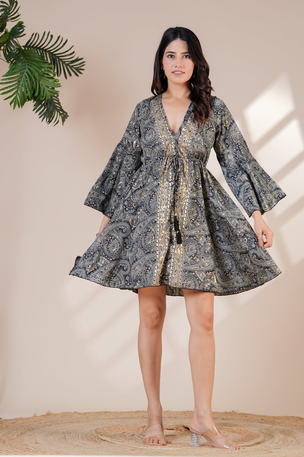 RAYSHA Charcoal Grey Paisley Printed Flared Short Dress