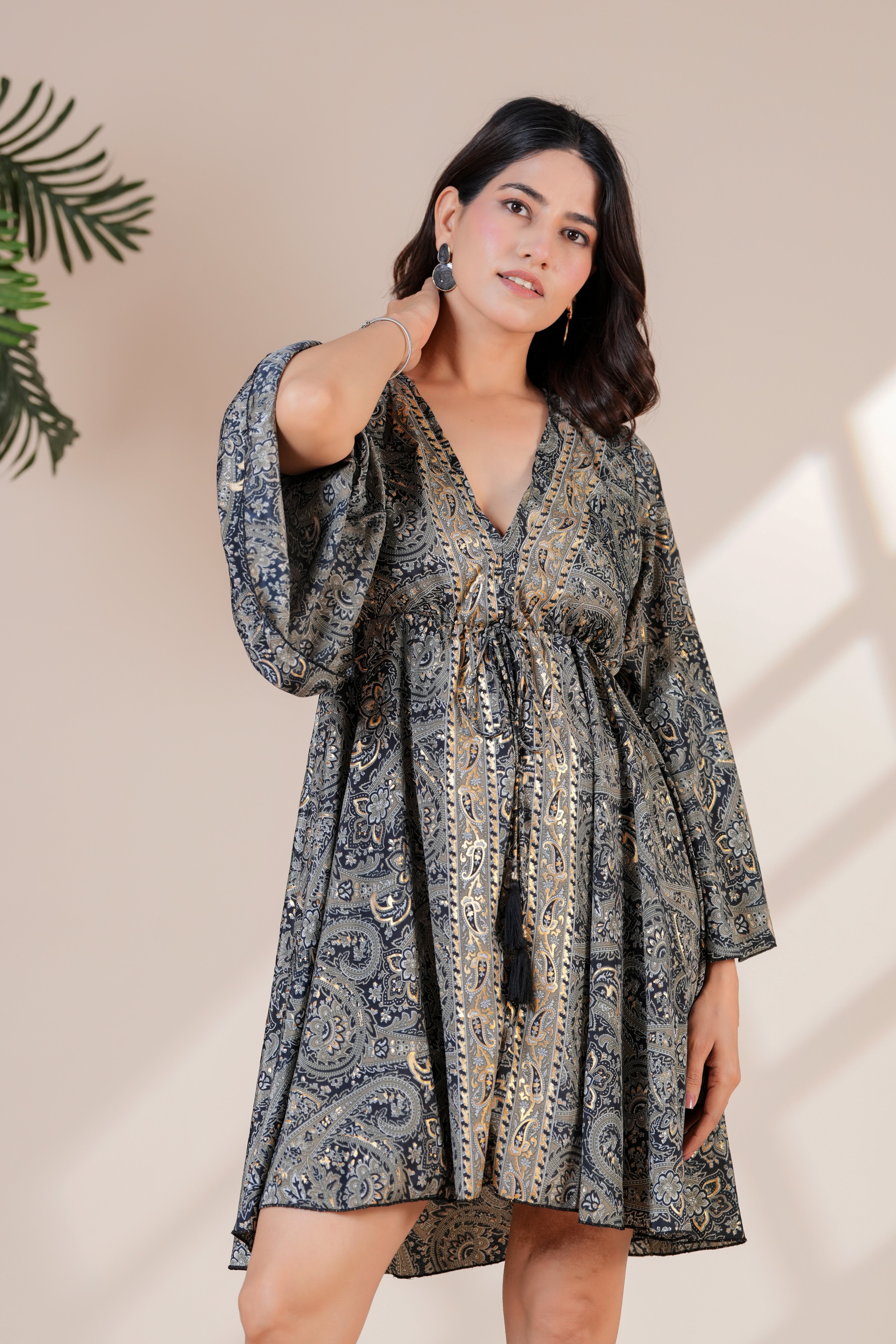 RAYSHA Charcoal Grey Paisley Printed Flared Short Dress