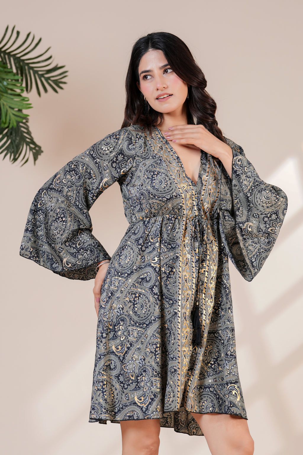 RAYSHA Charcoal Grey Paisley Printed Flared Short Dress