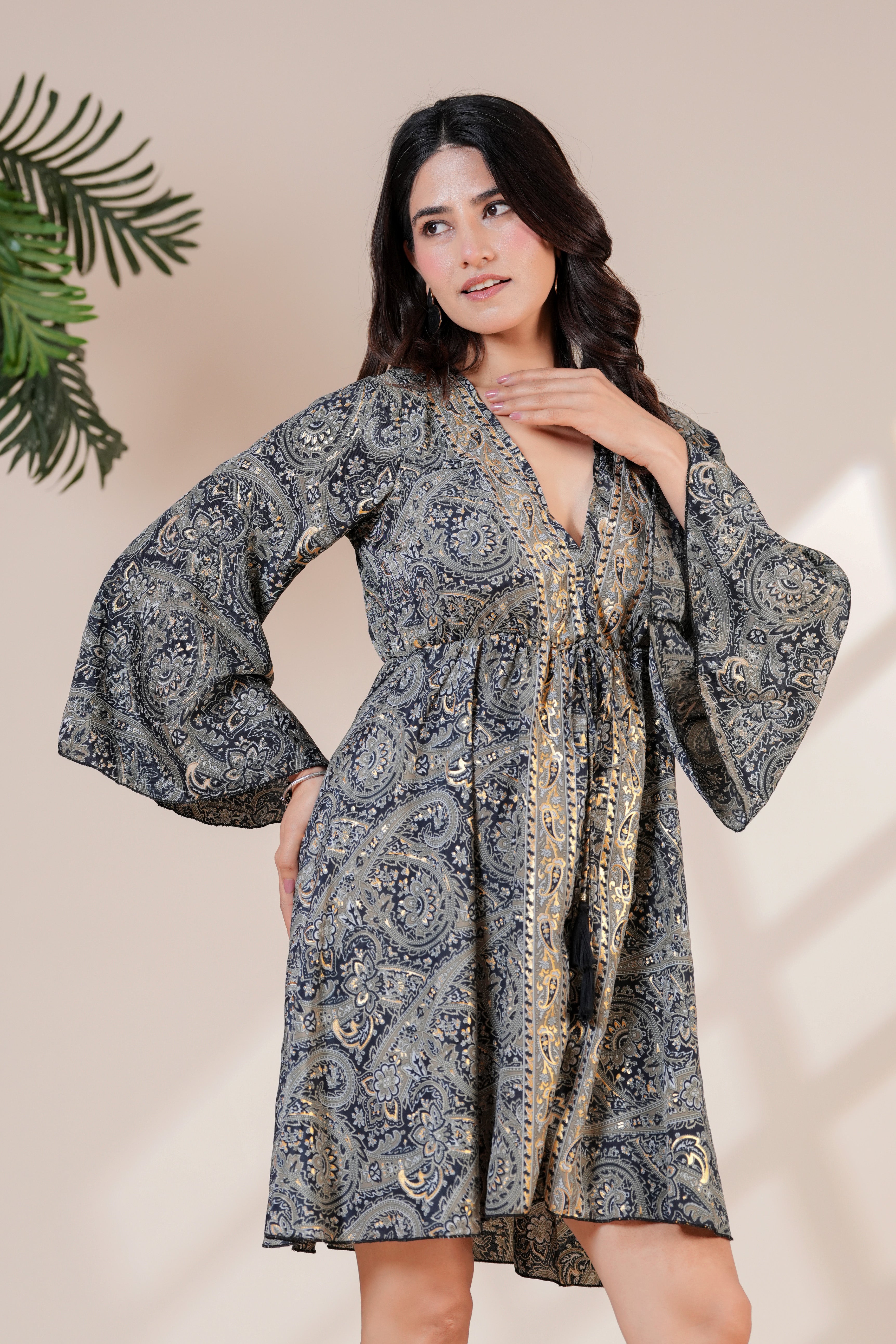 RAYSHA Charcoal Grey Paisley Printed Flared Short Dress