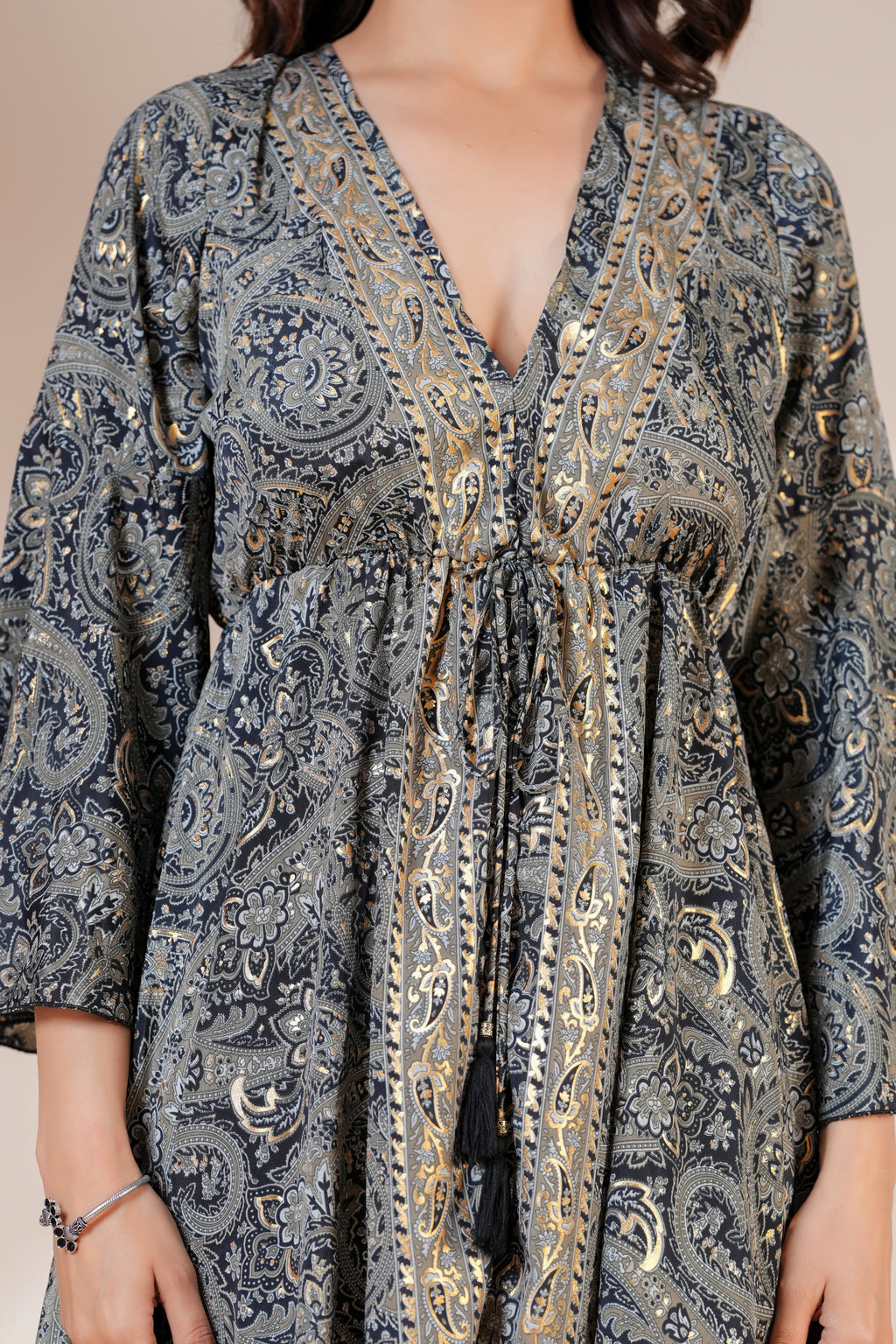 RAYSHA Charcoal Grey Paisley Printed Flared Short Dress