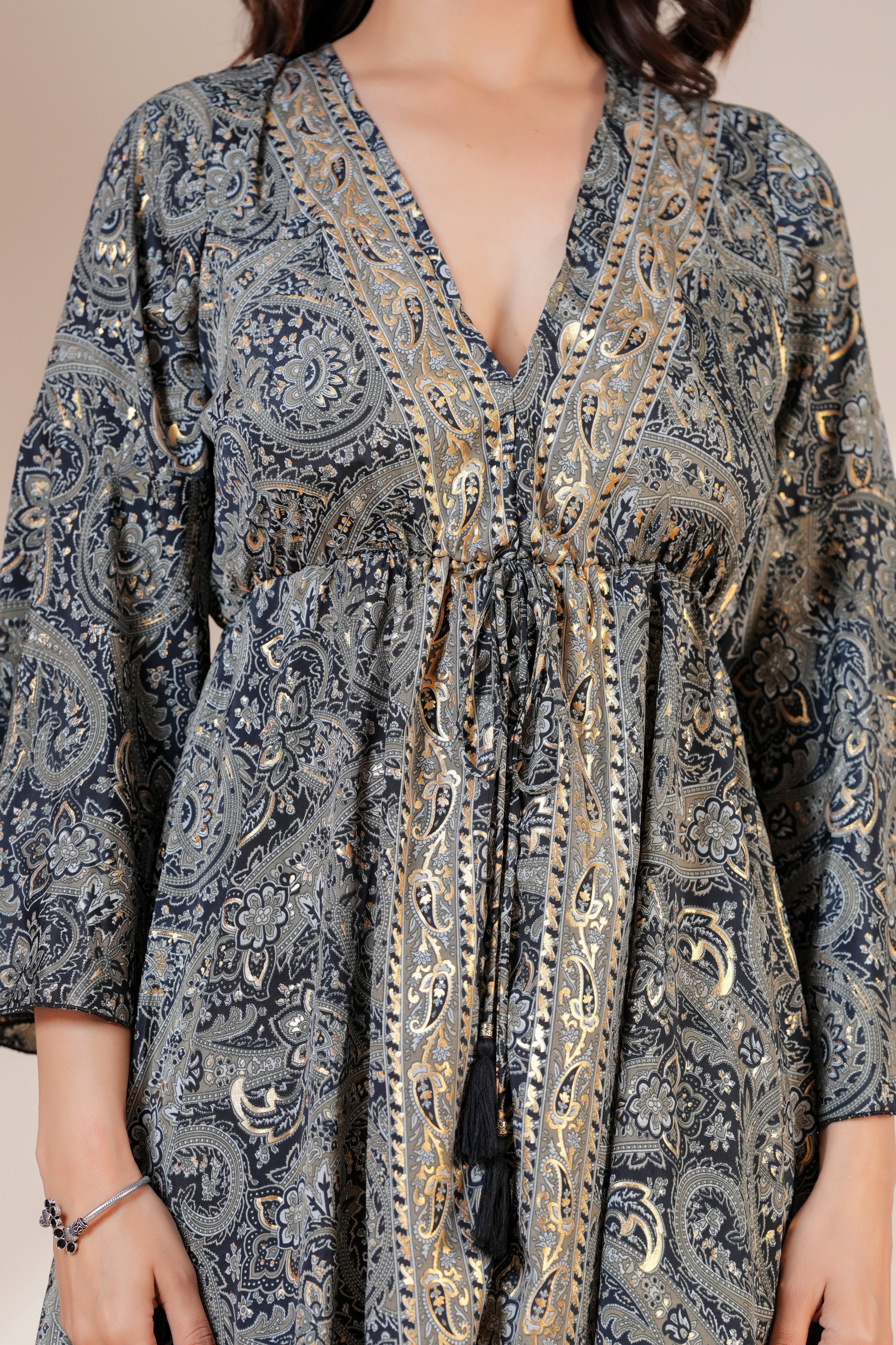 RAYSHA Charcoal Grey Paisley Printed Flared Short Dress