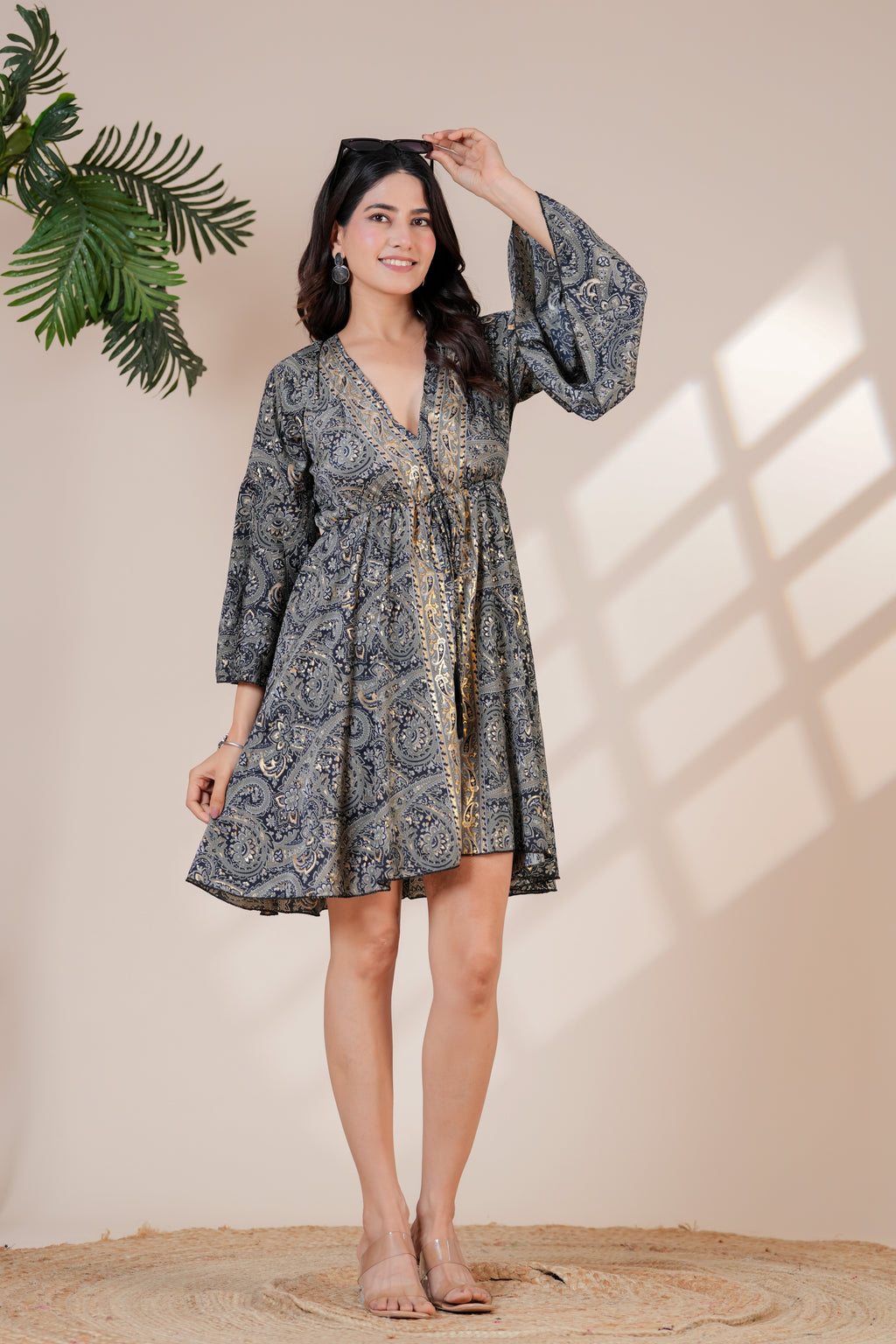 RAYSHA Charcoal Grey Paisley Printed Flared Short Dress
