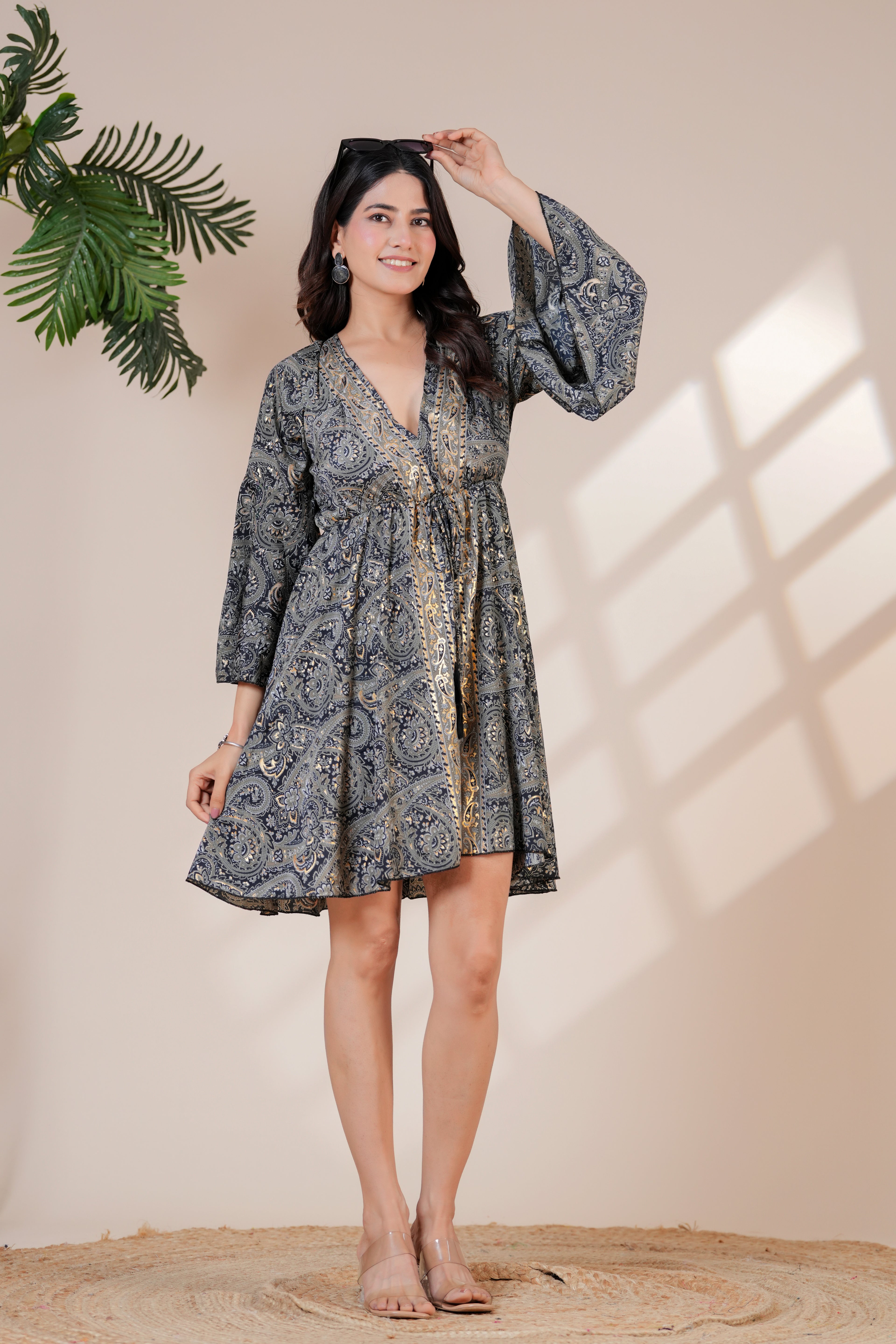 RAYSHA Charcoal Grey Paisley Printed Flared Short Dress