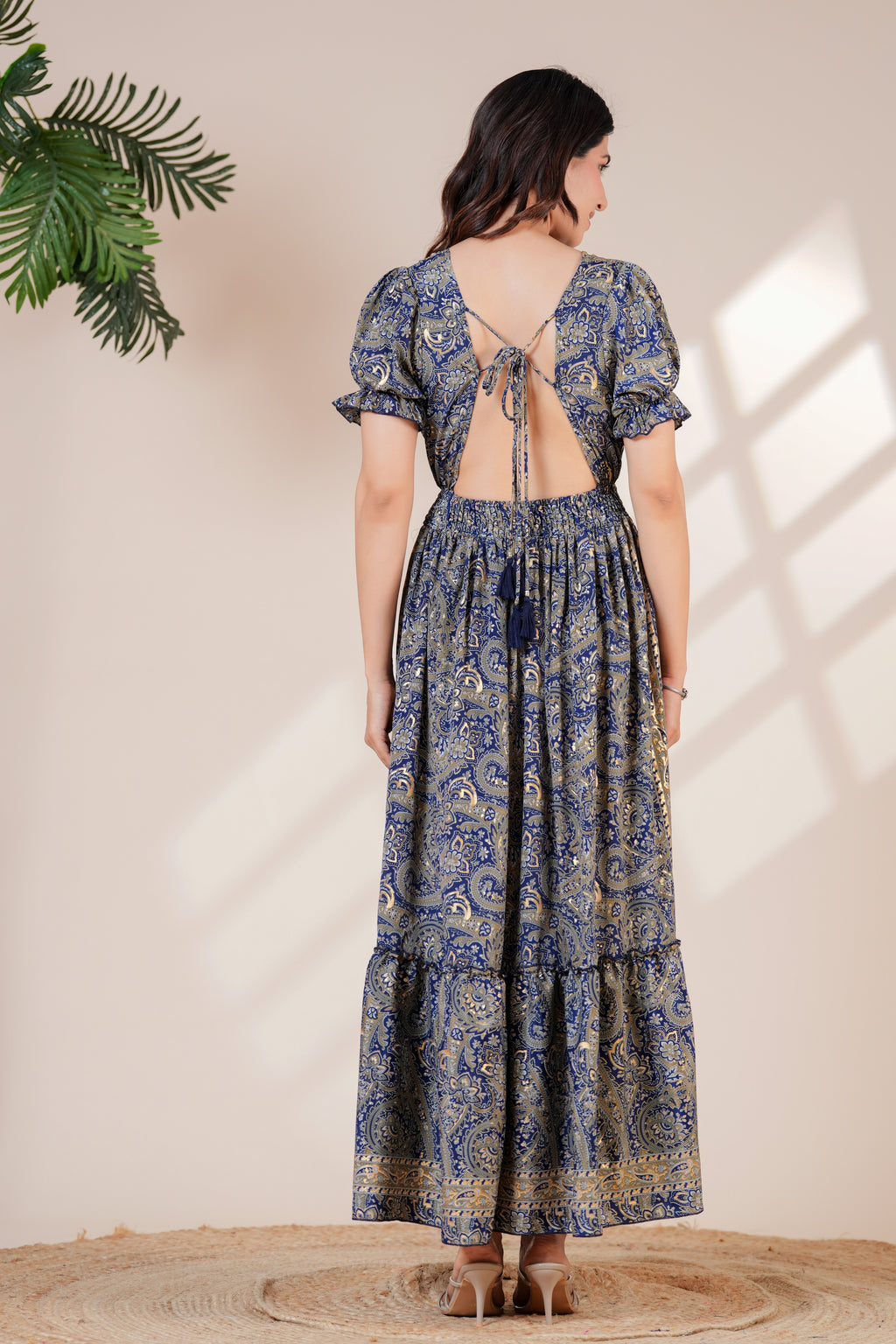 Raysha Ink Blue Paisley Print Back-Tie Maxi Dress