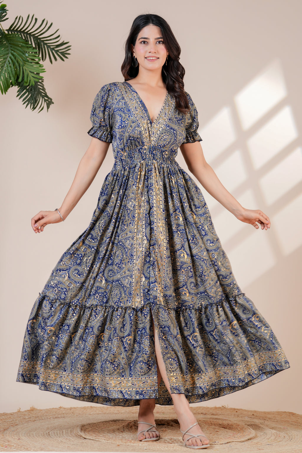 Raysha Ink Blue Paisley Print Back-Tie Maxi Dress
