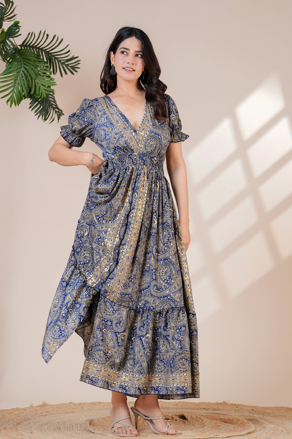 Raysha Ink Blue Paisley Print Back-Tie Maxi Dress