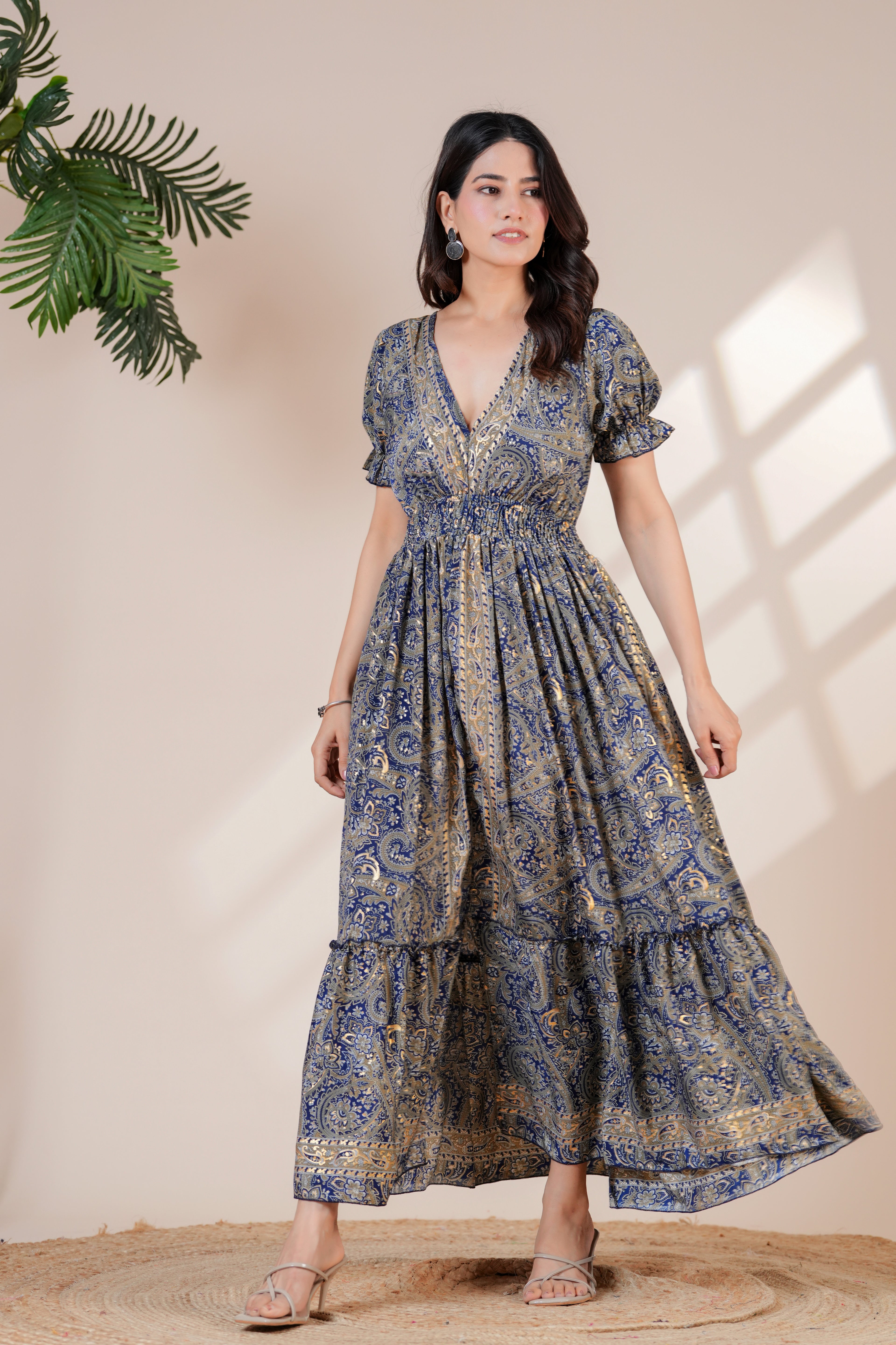 Raysha Ink Blue Paisley Print Back-Tie Maxi Dress