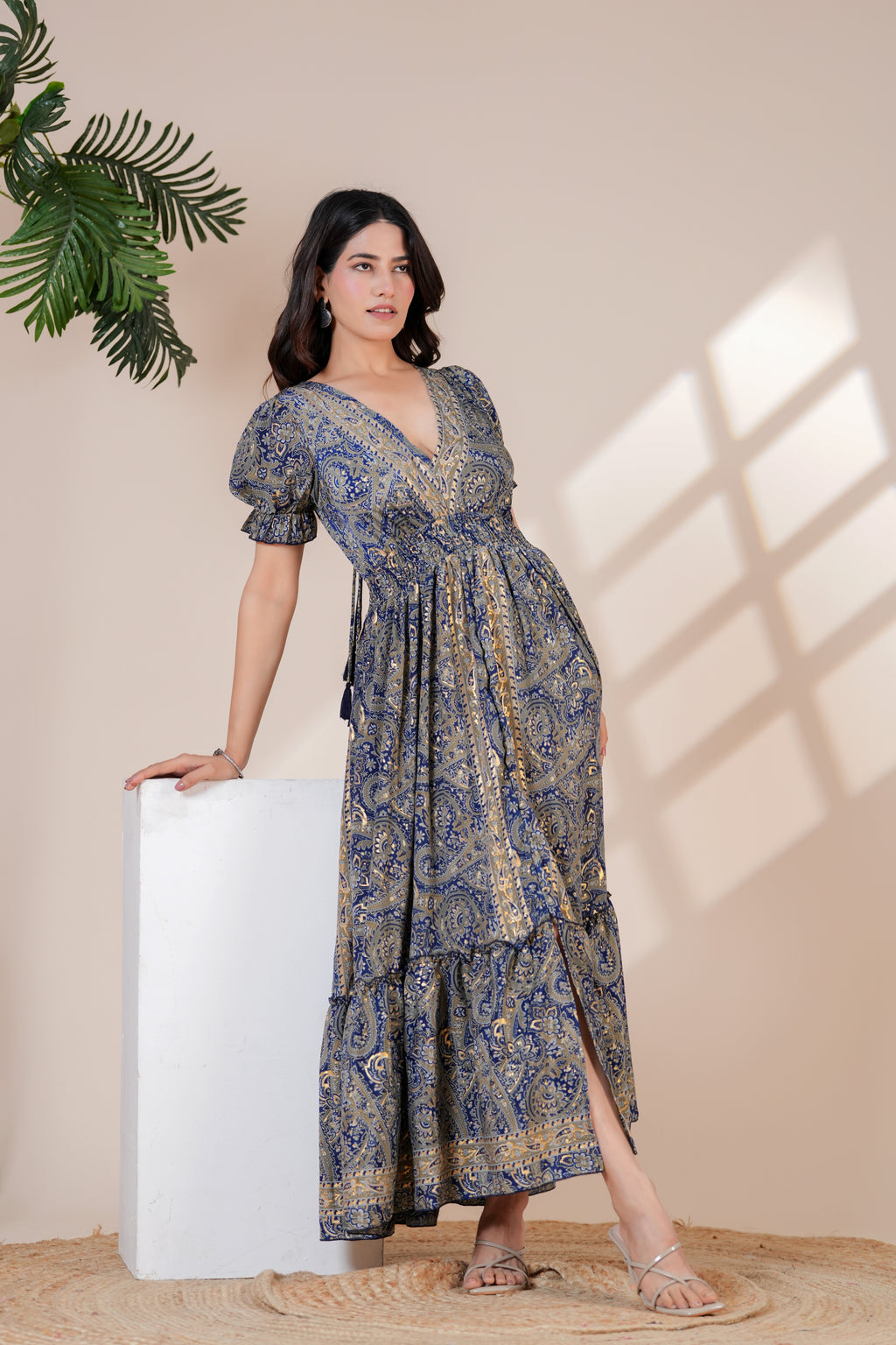 Raysha Ink Blue Paisley Print Back-Tie Maxi Dress
