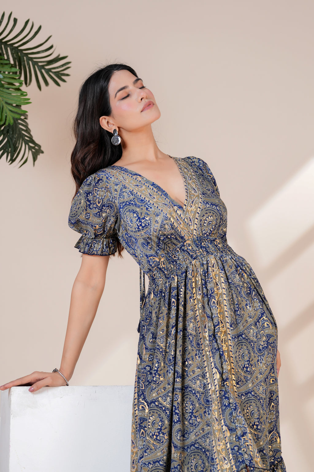 Raysha Ink Blue Paisley Print Back-Tie Maxi Dress