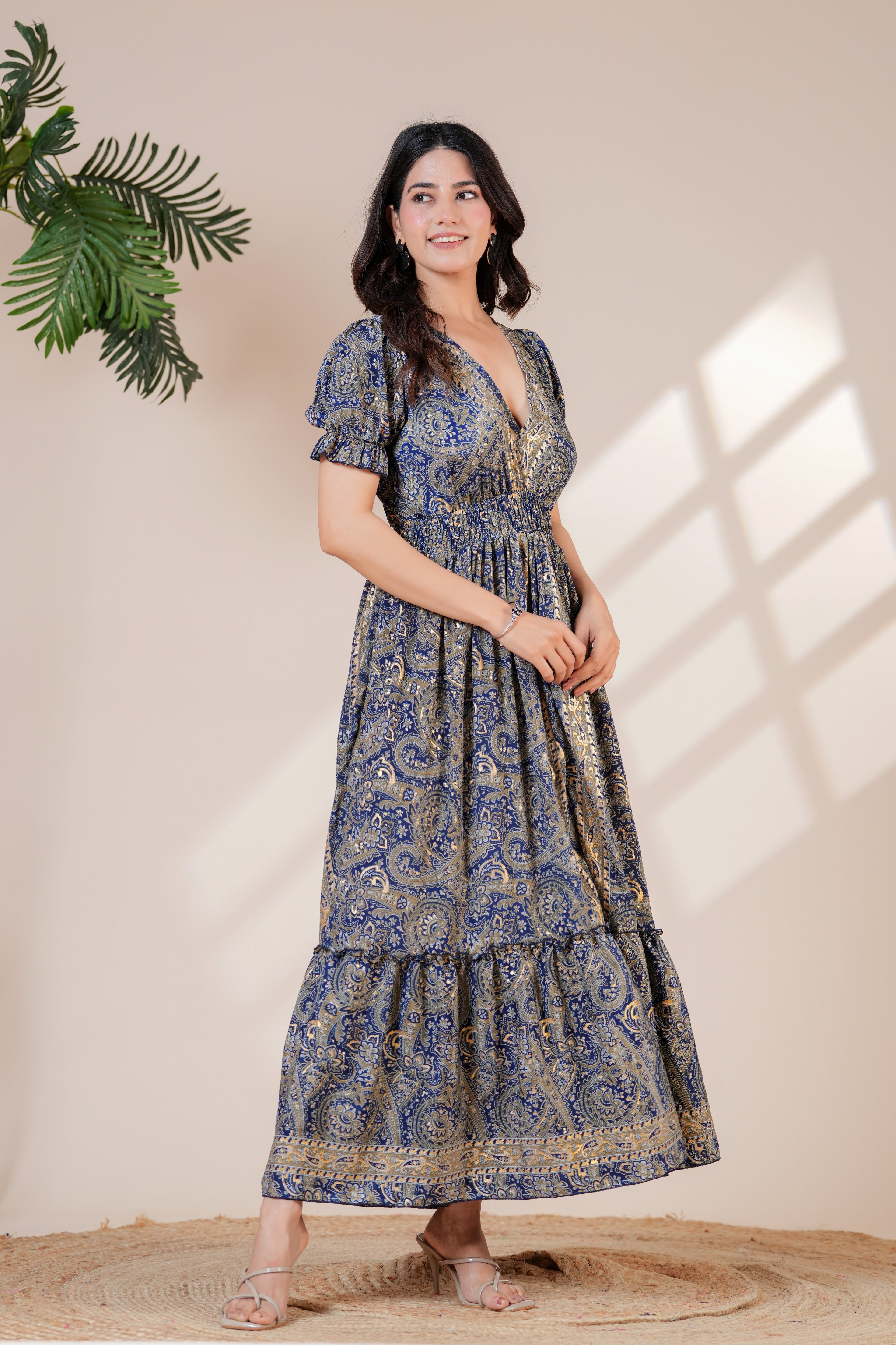 Raysha Ink Blue Paisley Print Back-Tie Maxi Dress