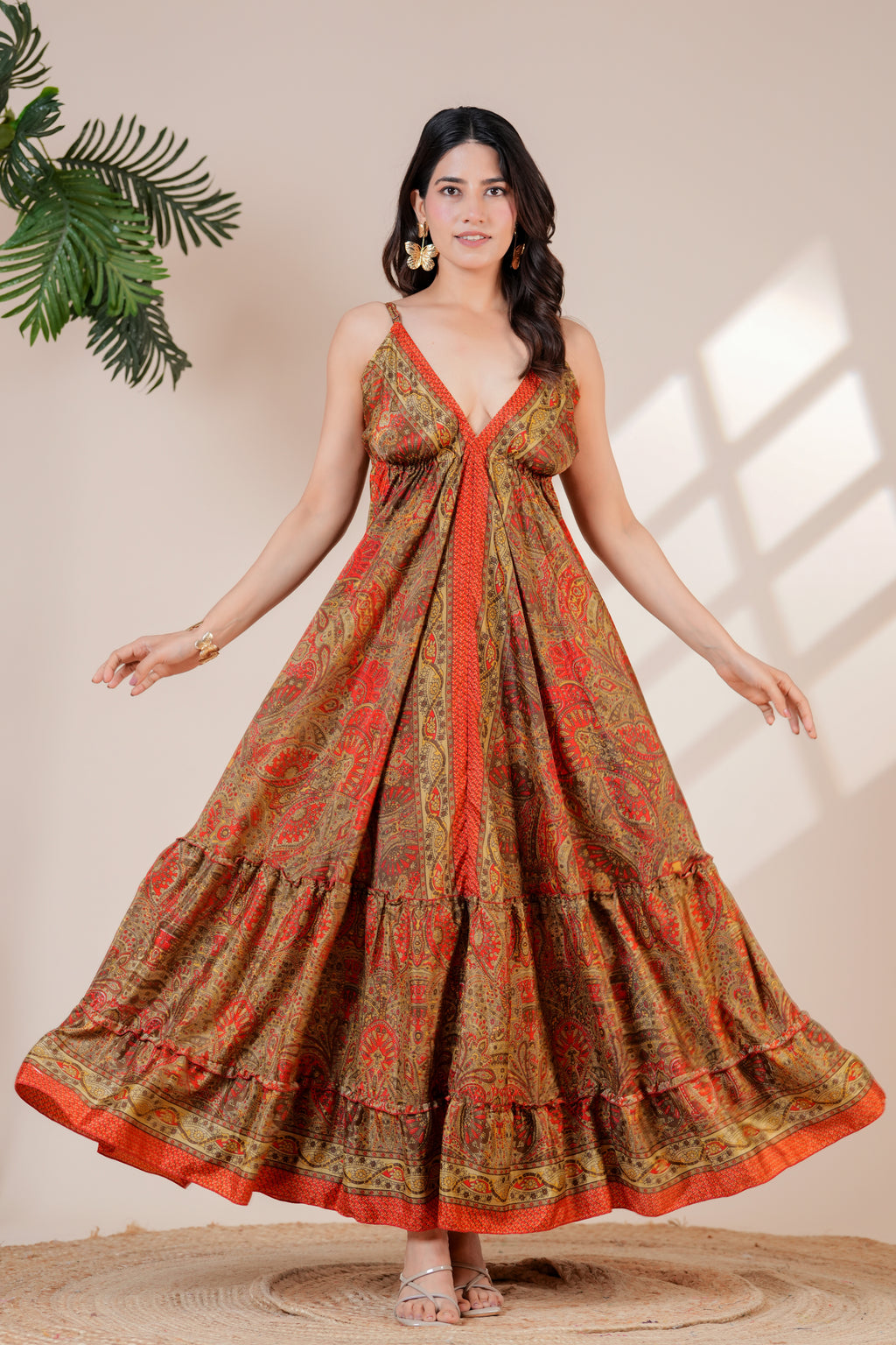 RAYSHA Rustic Red & Olive Printed Tiered Maxi Dress