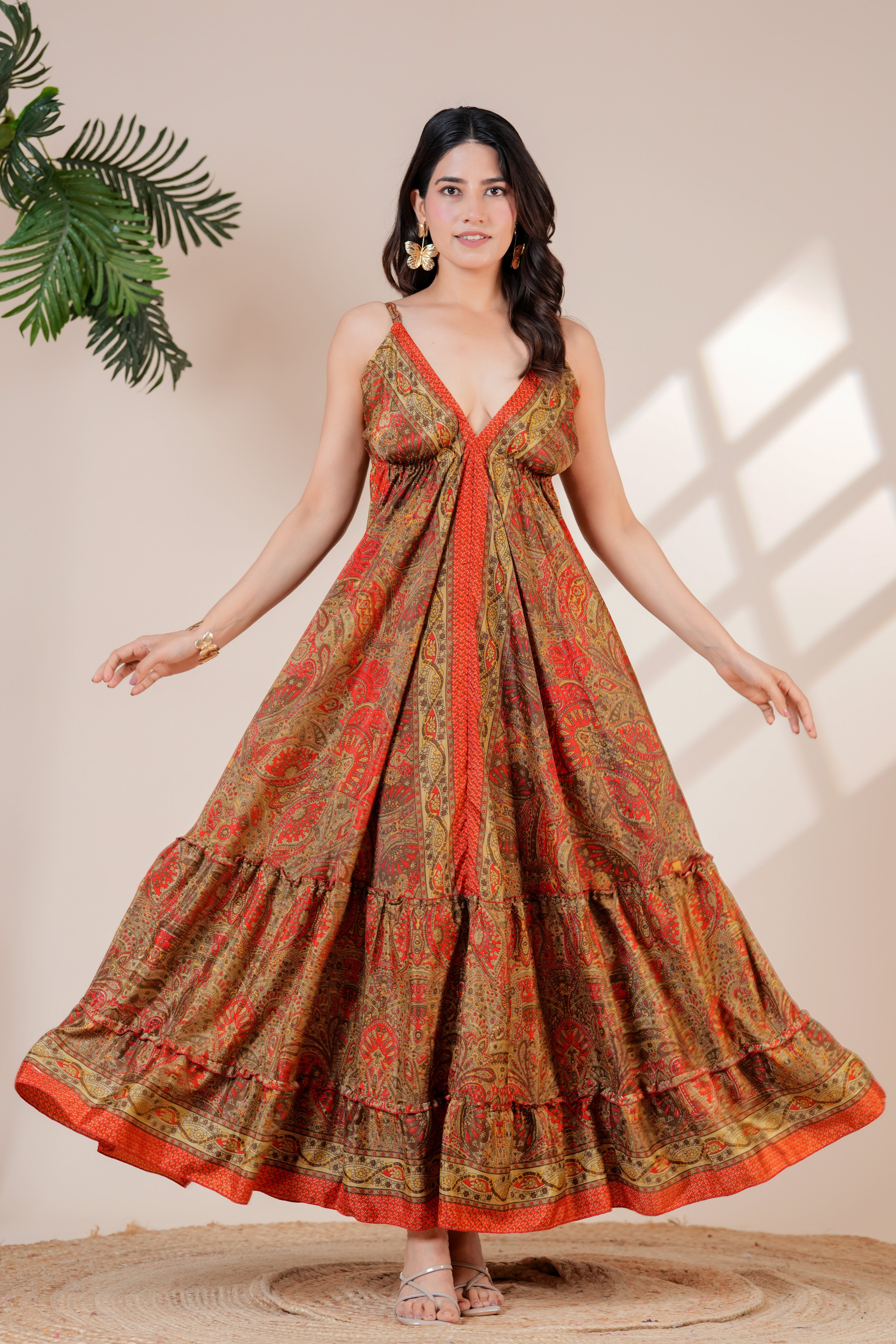 RAYSHA Rustic Red & Olive Printed Tiered Maxi Dress