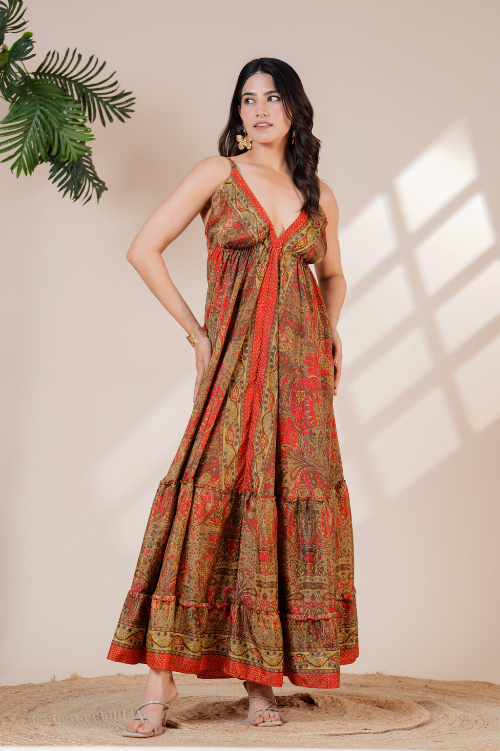 RAYSHA Rustic Red & Olive Printed Tiered Maxi Dress