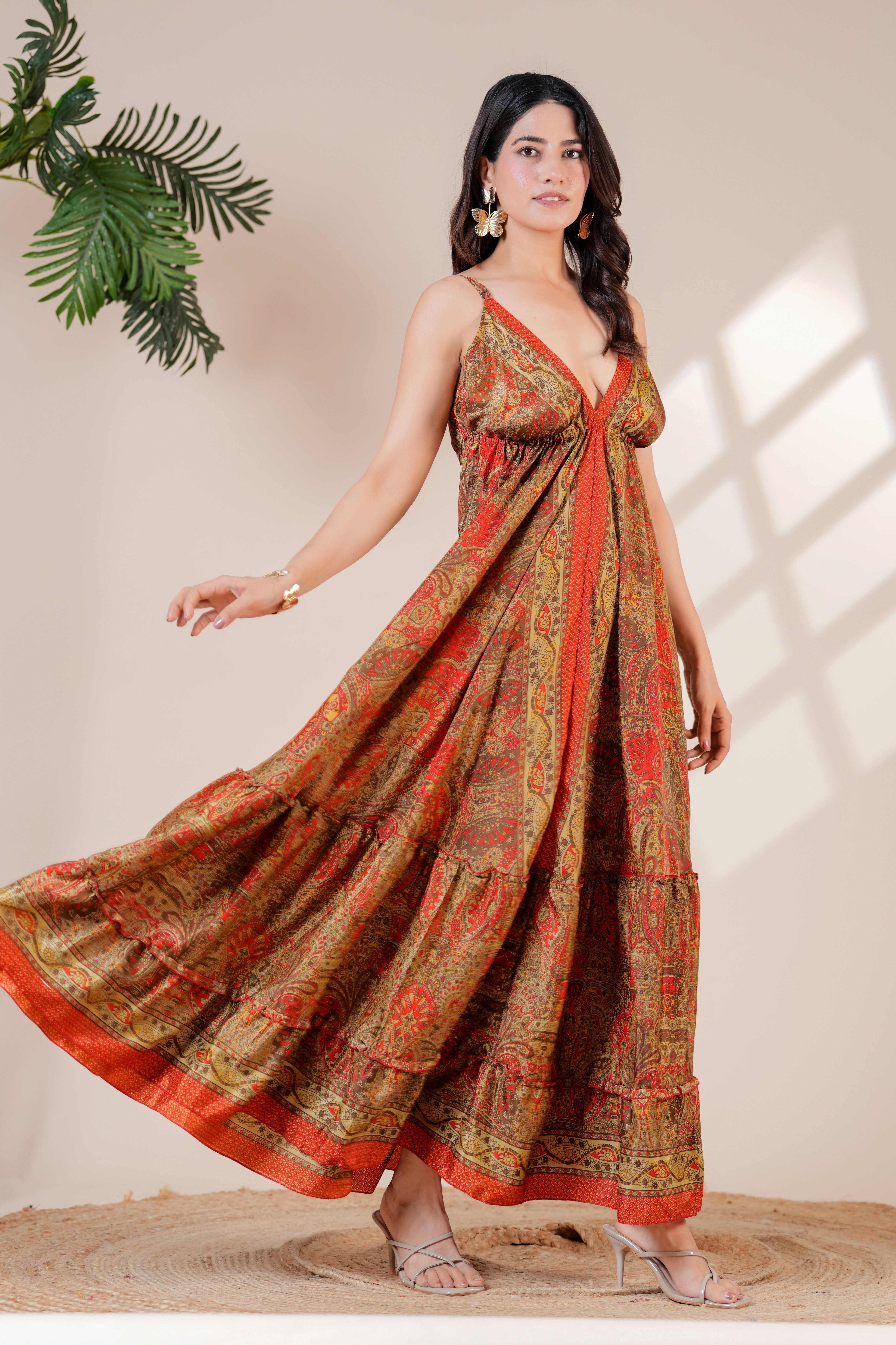RAYSHA Rustic Red & Olive Printed Tiered Maxi Dress