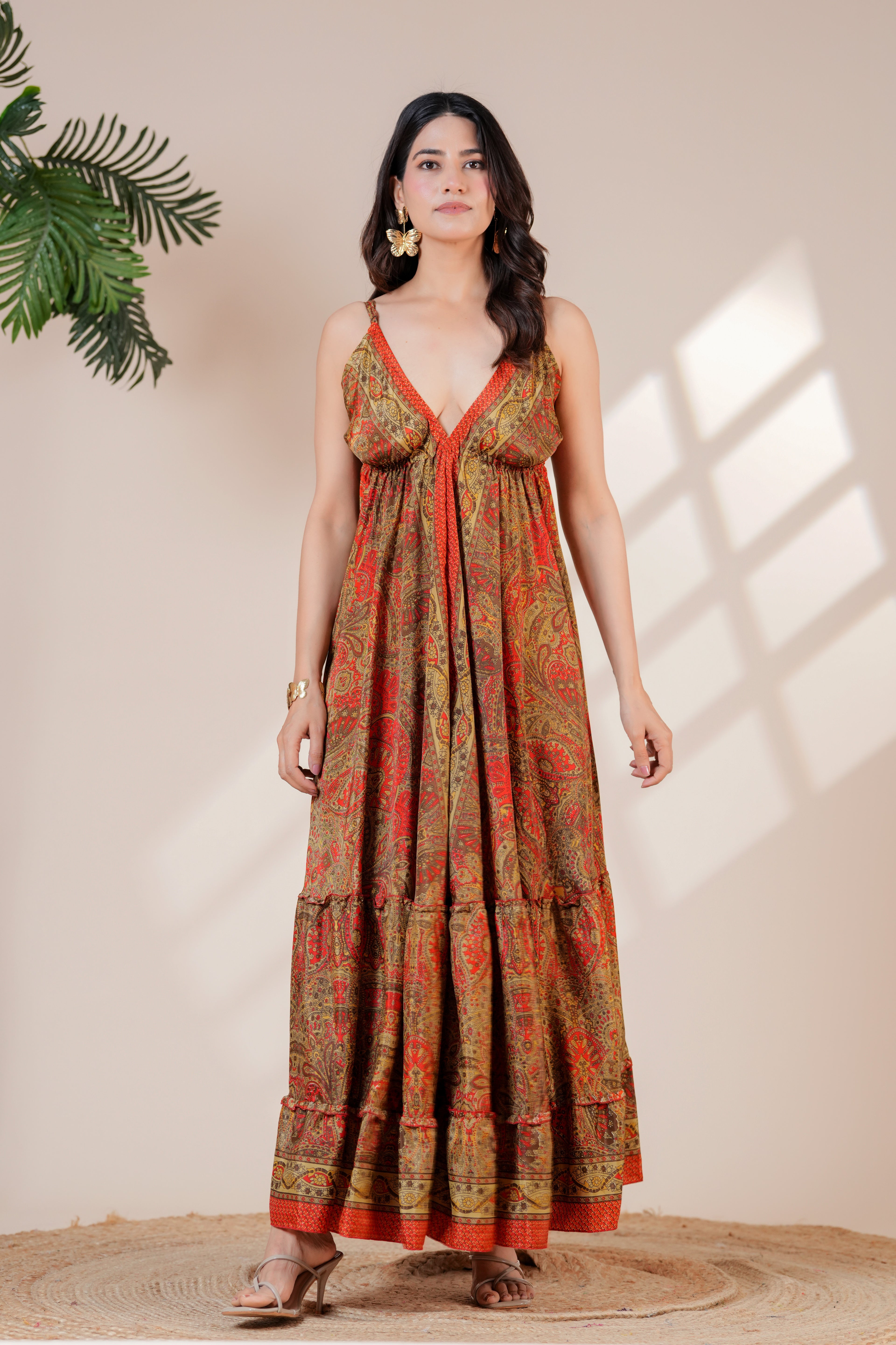 RAYSHA Rustic Red & Olive Printed Tiered Maxi Dress