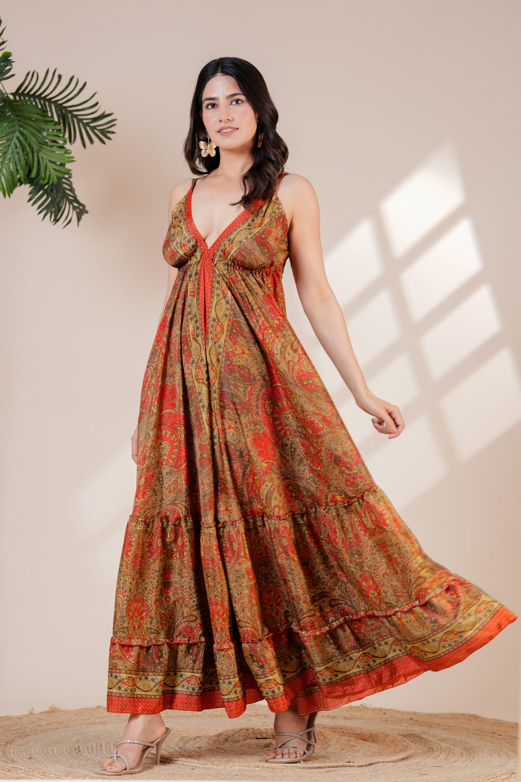 RAYSHA Rustic Red & Olive Printed Tiered Maxi Dress