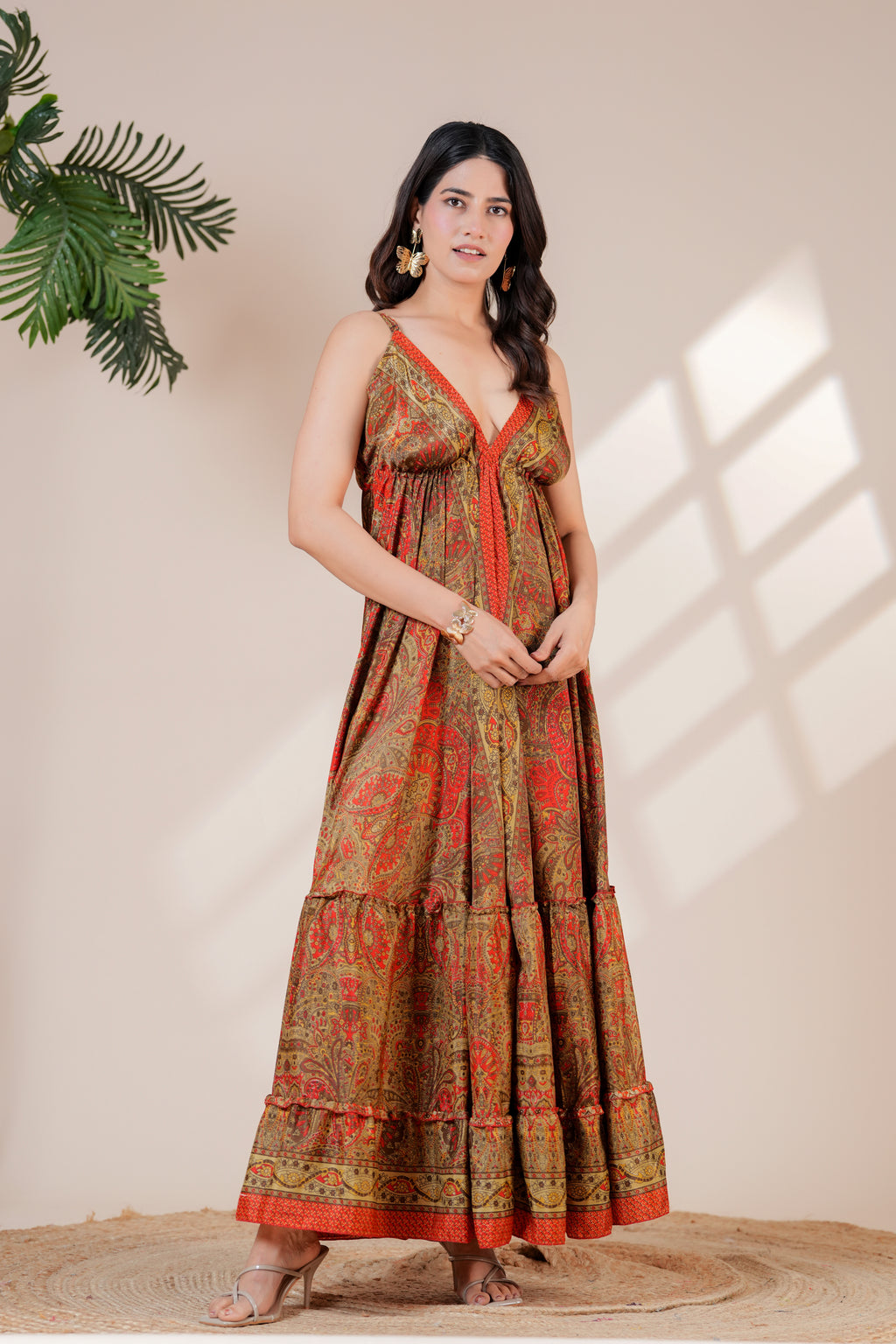 RAYSHA Rustic Red & Olive Printed Tiered Maxi Dress
