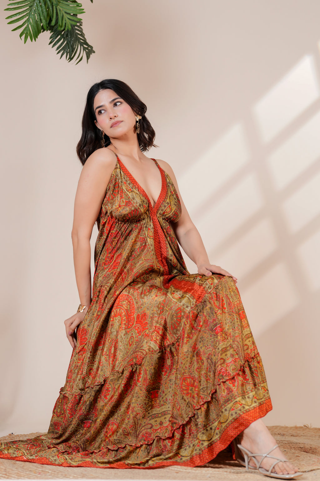 RAYSHA Rustic Red & Olive Printed Tiered Maxi Dress