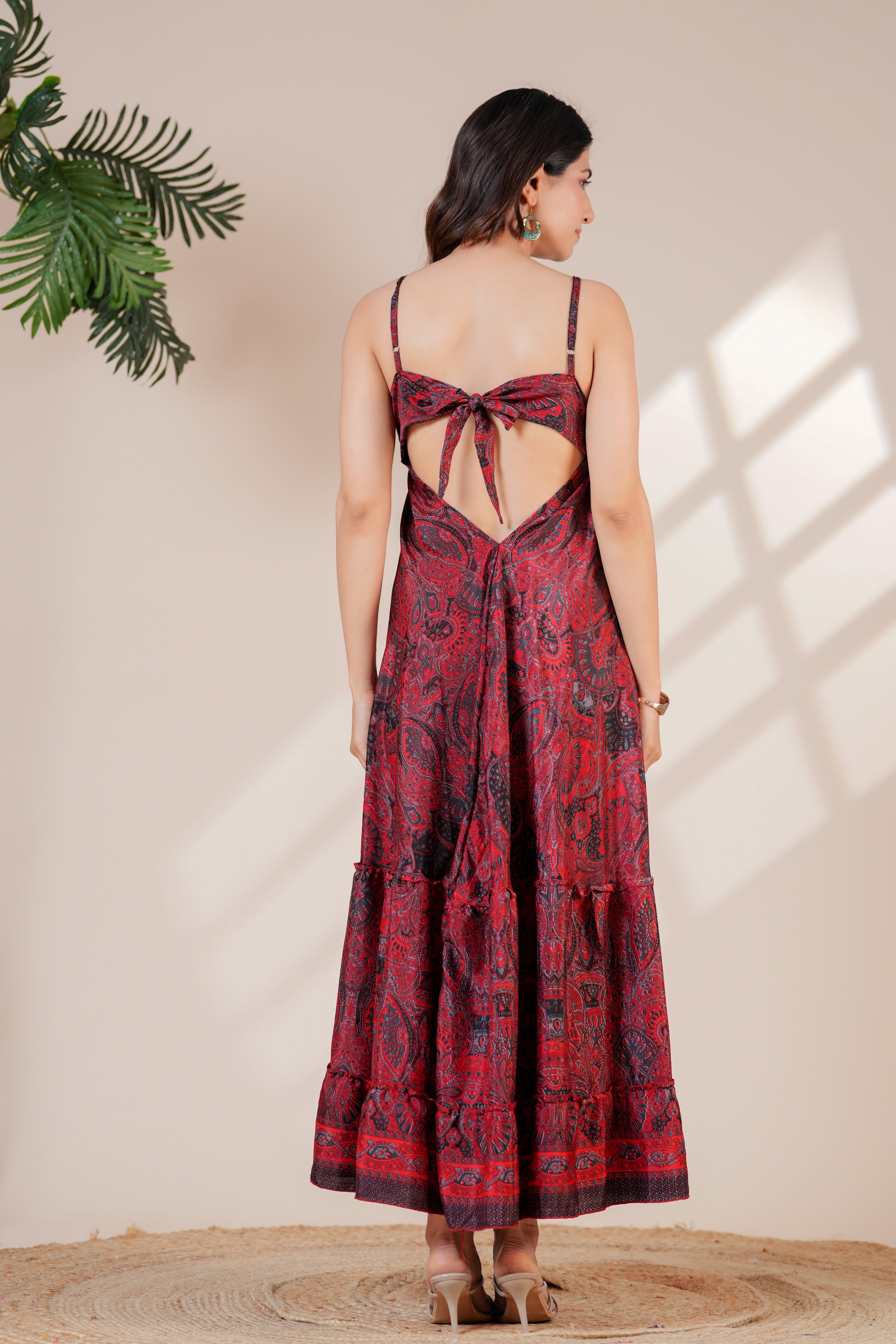 RAYSHA Crimson Red Paisley Printed Tiered Maxi Dress