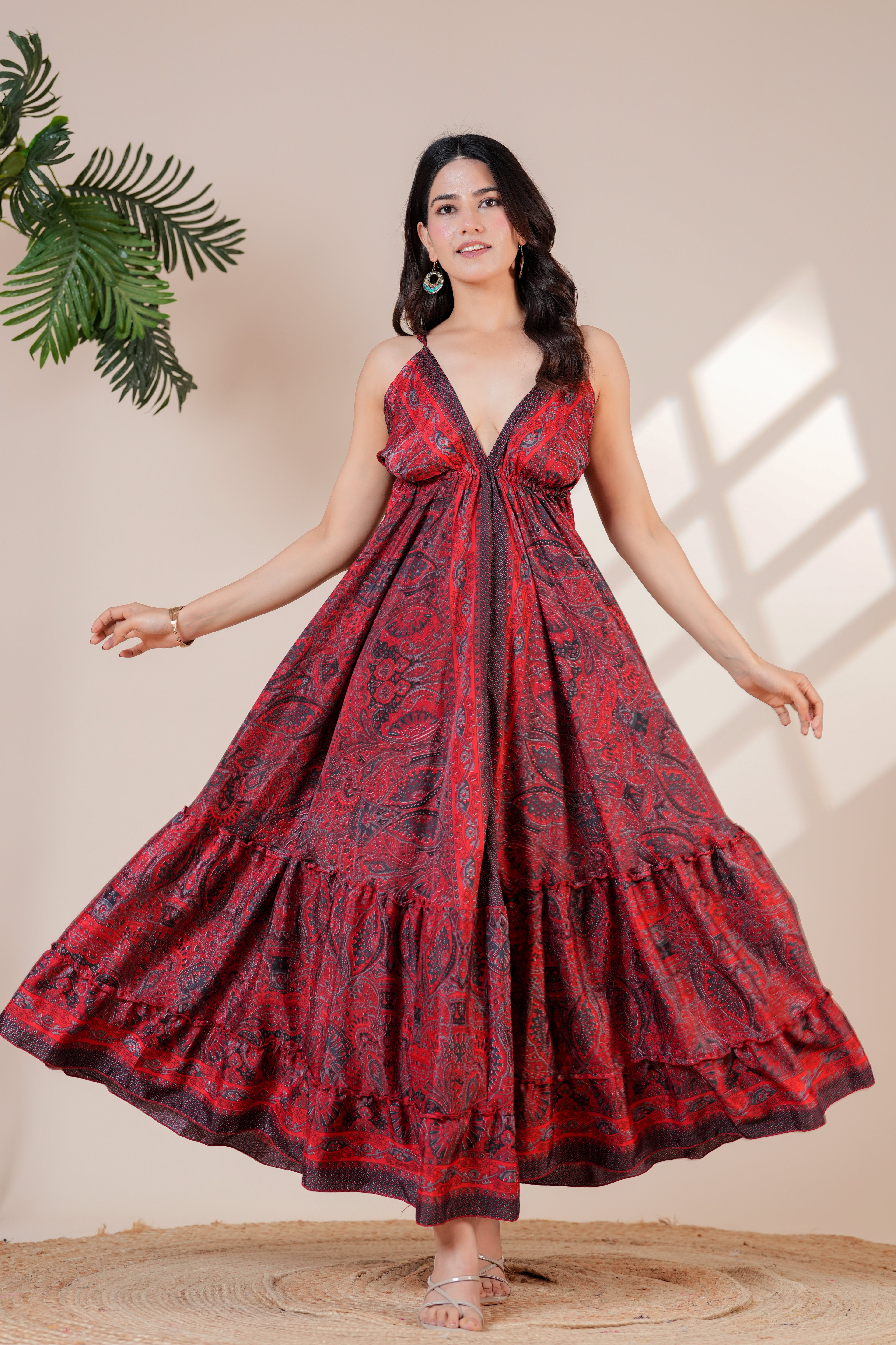 RAYSHA Crimson Red Paisley Printed Tiered Maxi Dress