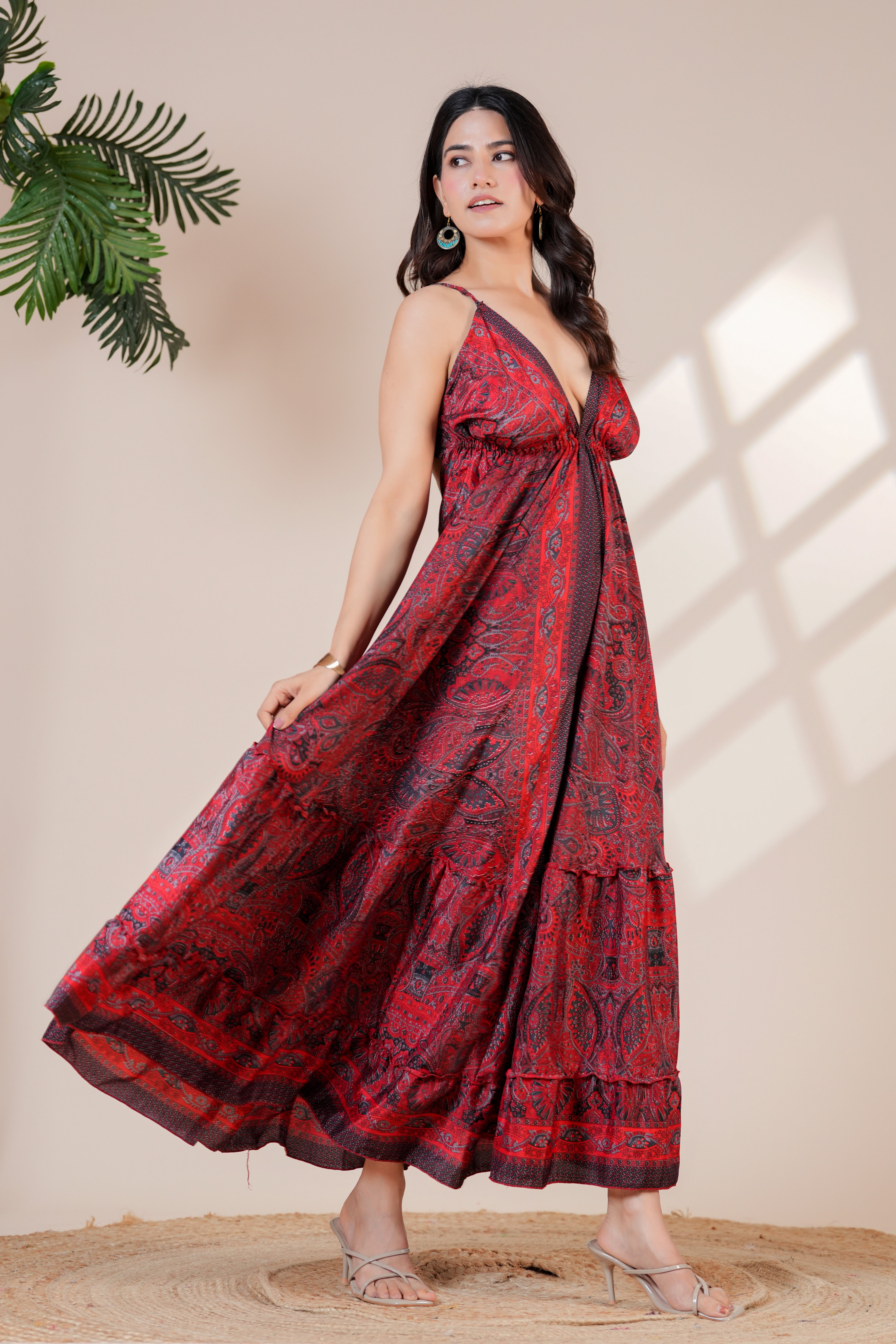 RAYSHA Crimson Red Paisley Printed Tiered Maxi Dress