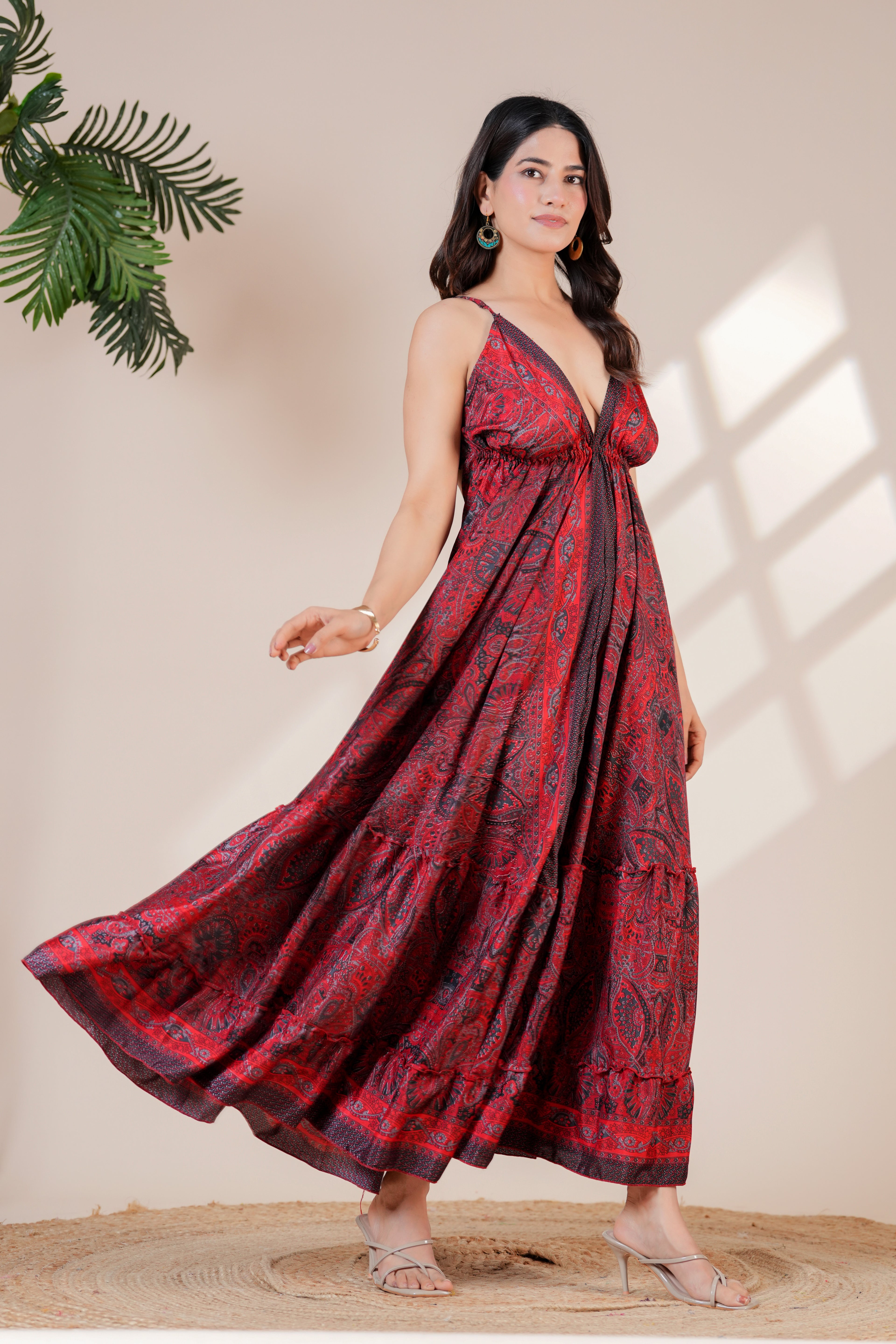 RAYSHA Crimson Red Paisley Printed Tiered Maxi Dress