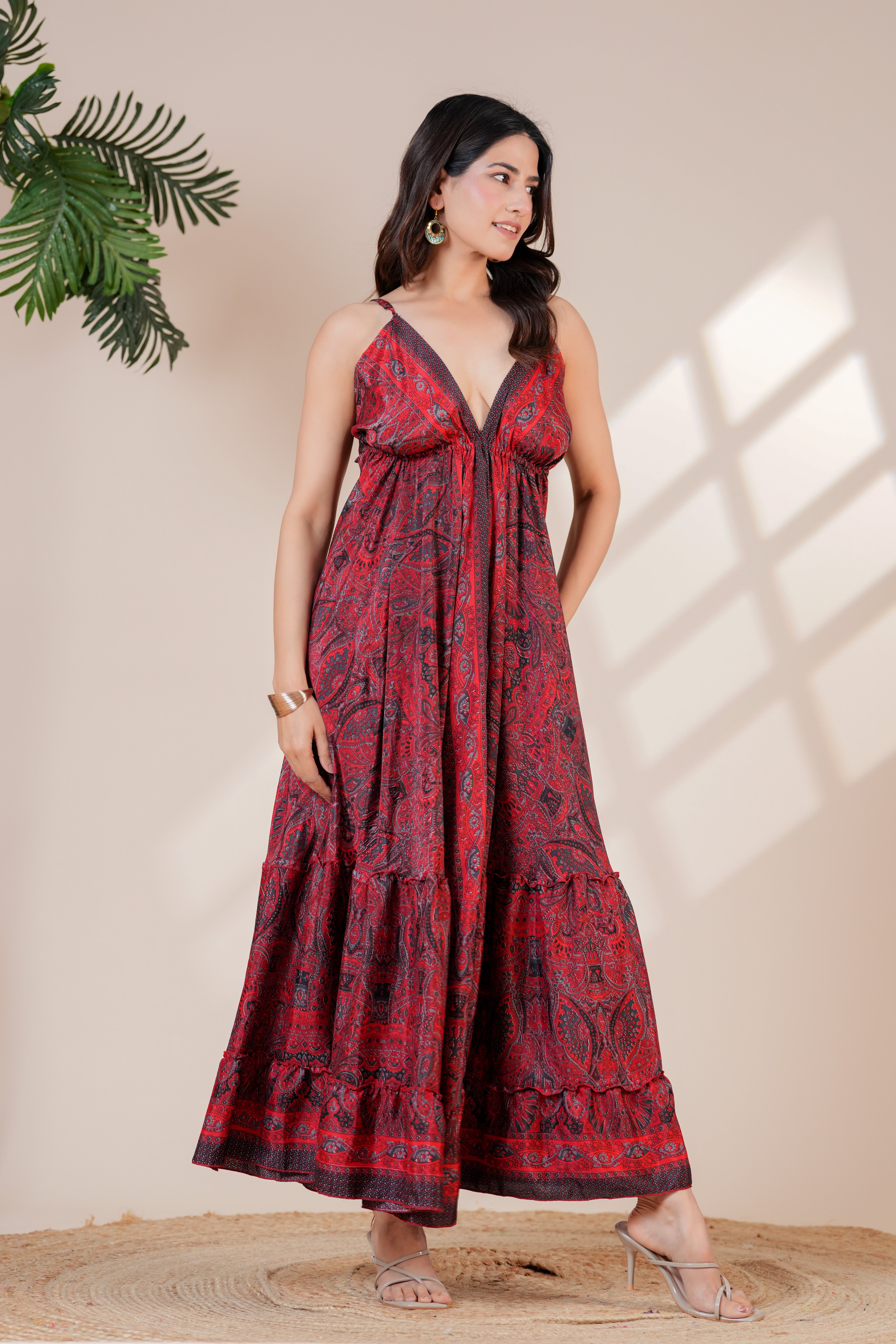 RAYSHA Crimson Red Paisley Printed Tiered Maxi Dress