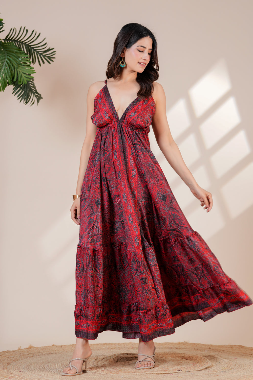 RAYSHA Crimson Red Paisley Printed Tiered Maxi Dress