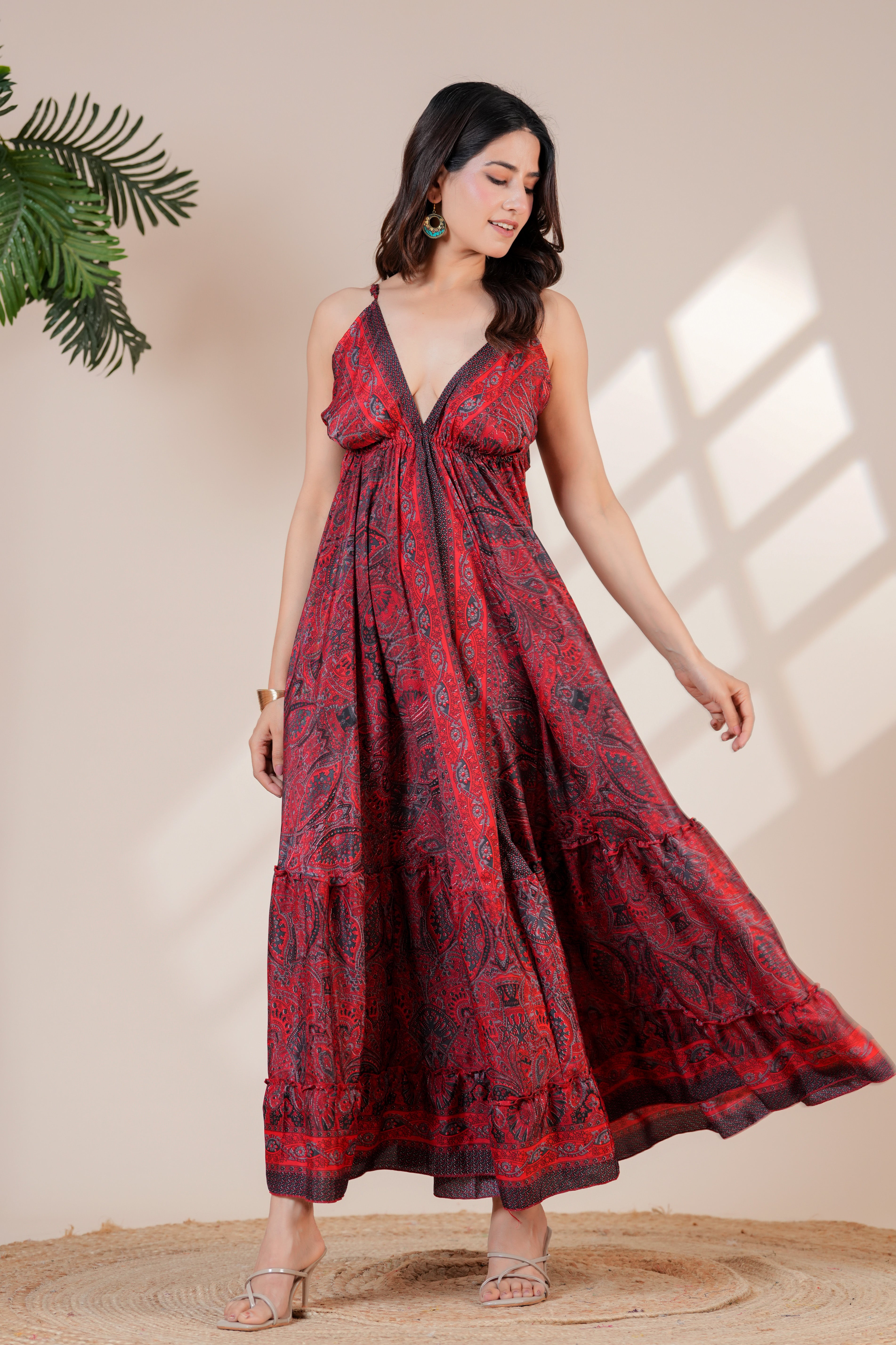 RAYSHA Crimson Red Paisley Printed Tiered Maxi Dress