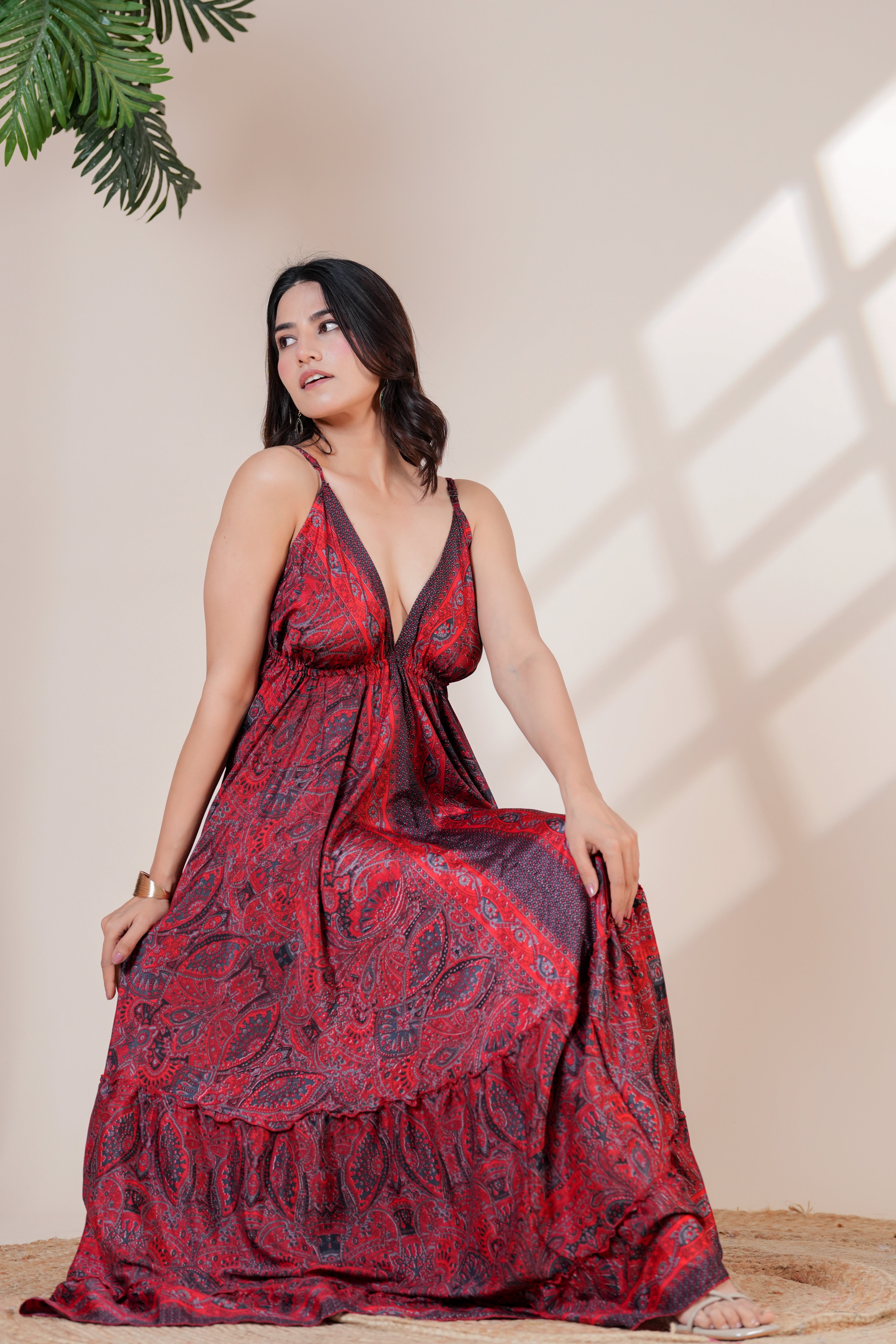 RAYSHA Crimson Red Paisley Printed Tiered Maxi Dress