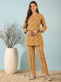 Yellow Floral Cotton Kurti with Striped Pants Co-ord Set for Women