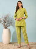 Green Floral Cotton Kurti with Striped Pants Co-ord Set for Women