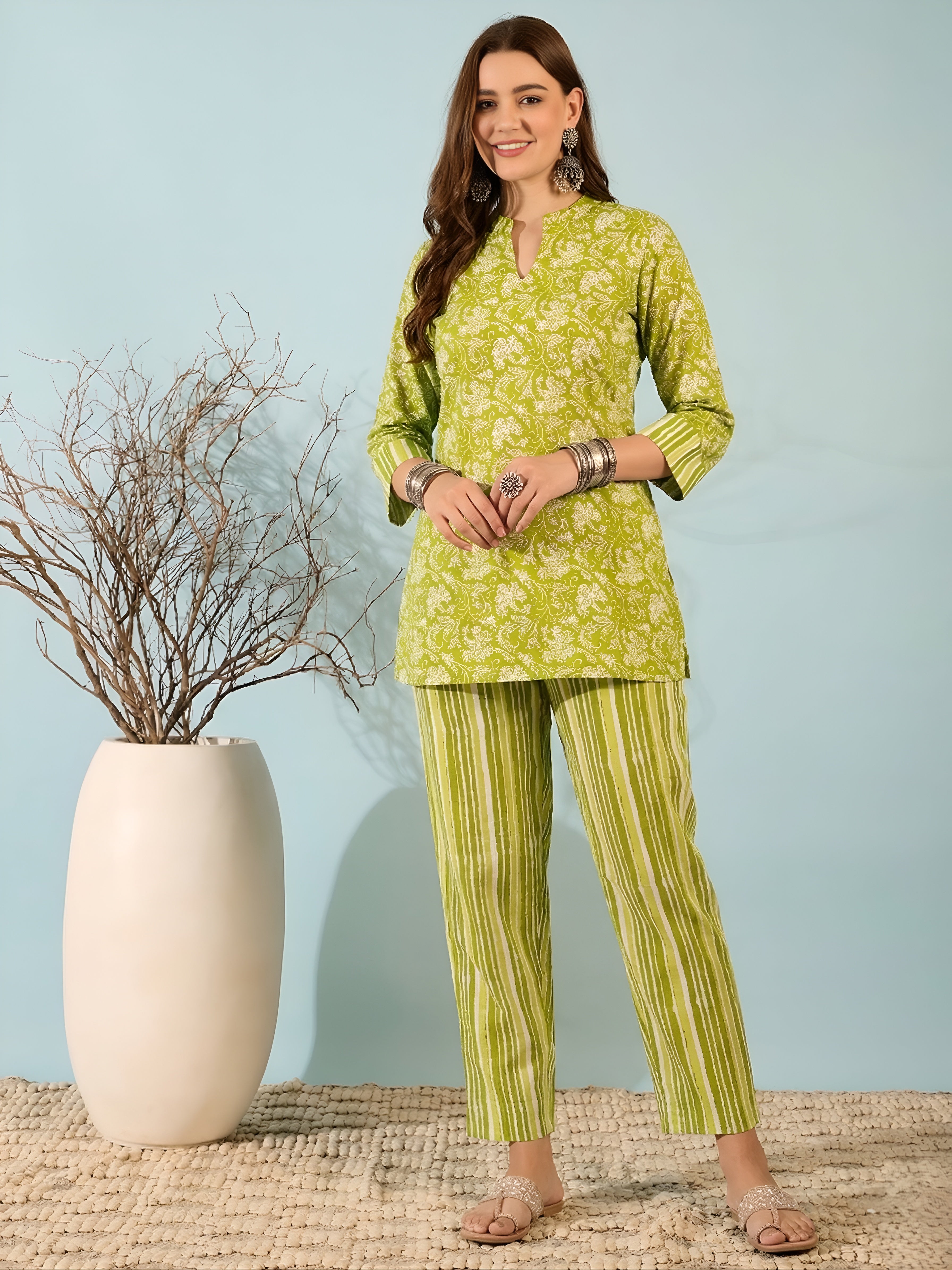 Green Floral Cotton Kurti with Striped Pants Co-ord Set for Women