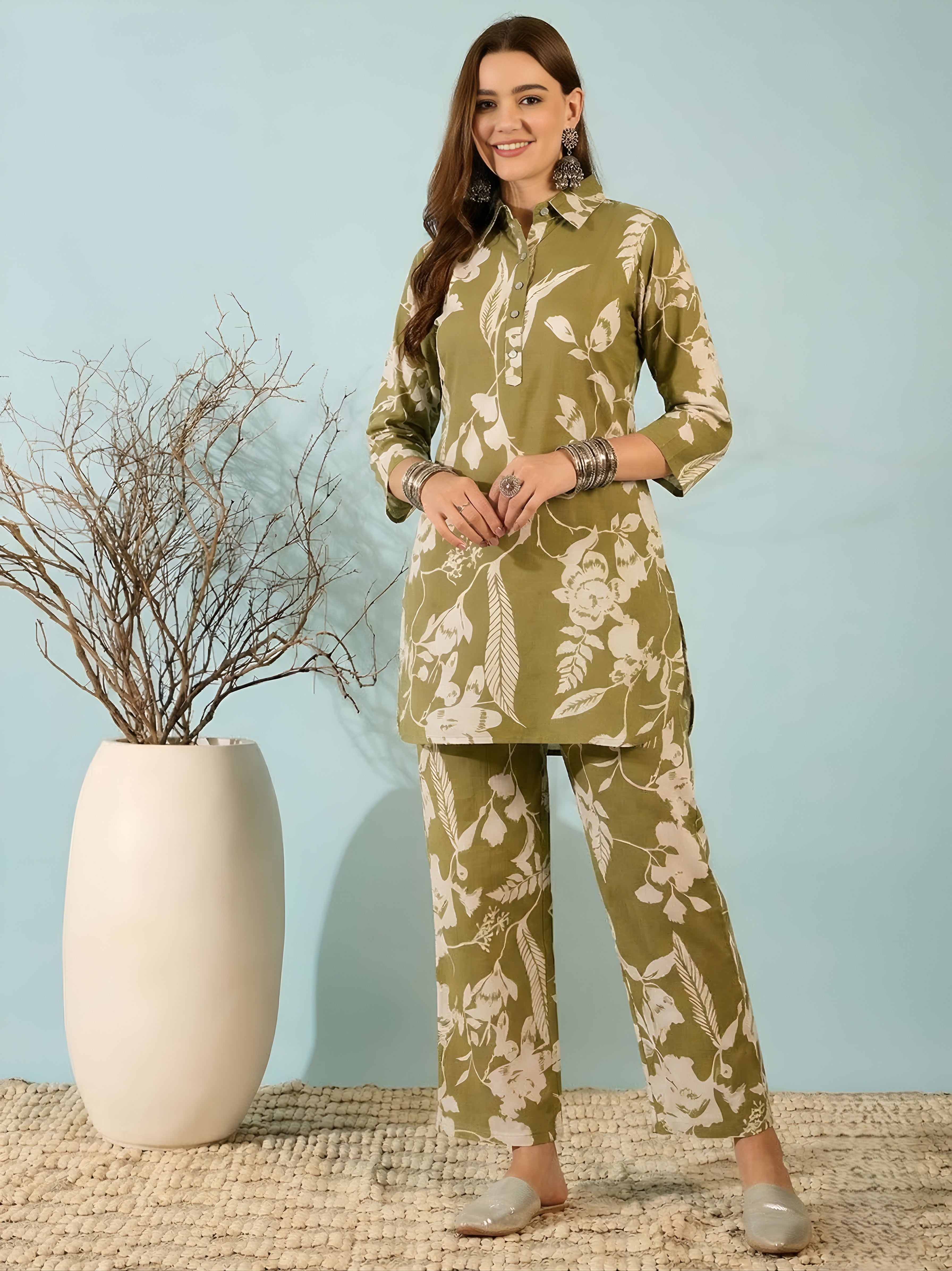 Olive Green Floral Printed Co-ord Set for Women